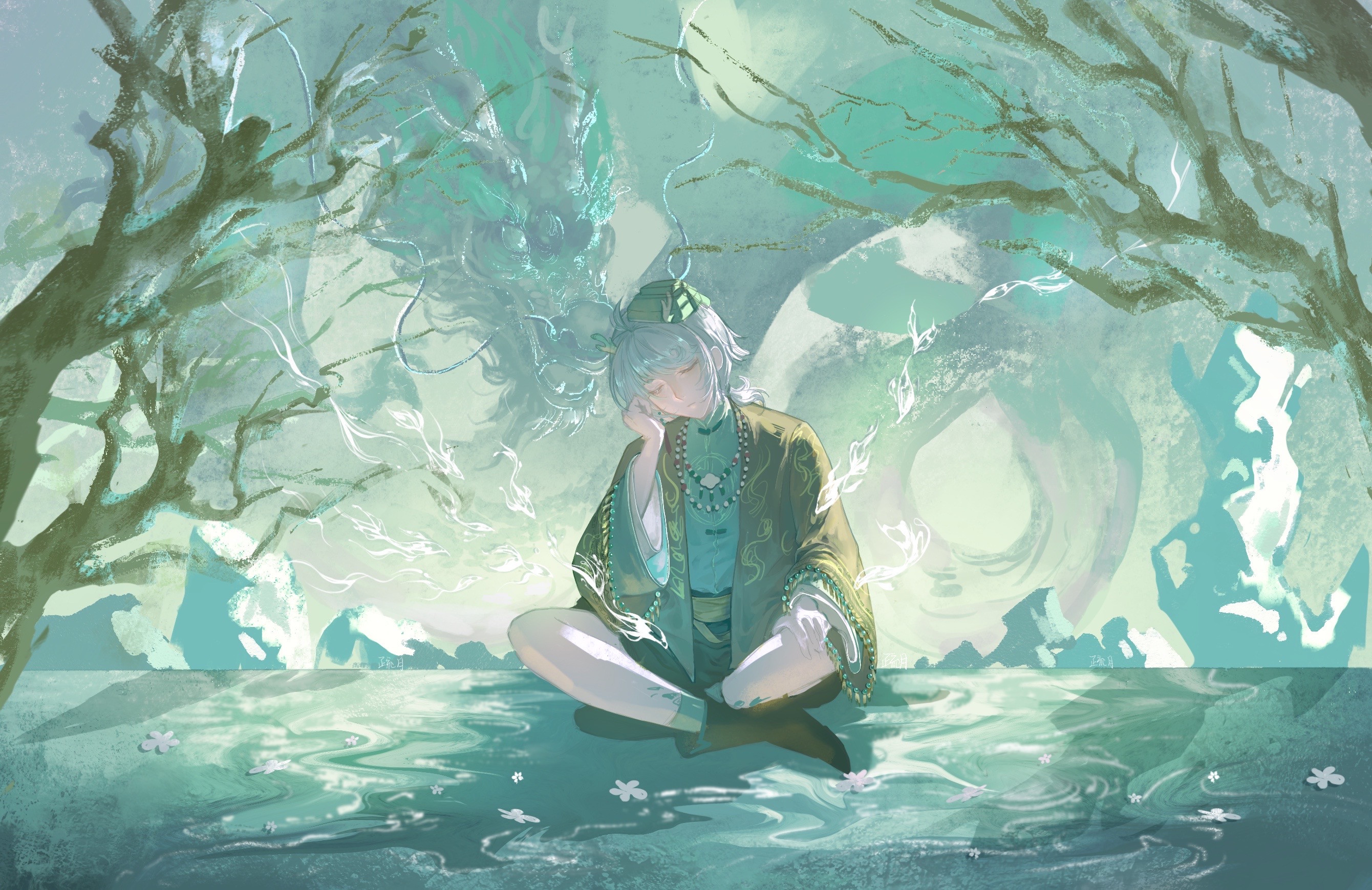 edgar valden, edgar valden (sealed chronicler), identity v, chinese commentary, commentary request, highres, 1boy, androgynous, branch, brown jacket, brown shoes, chinese clothes, dragon, dragon horns, eastern dragon, eastern dragon horns, flower, green shirt, hat, horns, indian style, jacket, jewelry, legs, male focus, mountain, official alternate costume, painterly, ponytail, scenery, shirt, shoes, short ponytail, shu yue, sitting, solo, tree, water, white hair