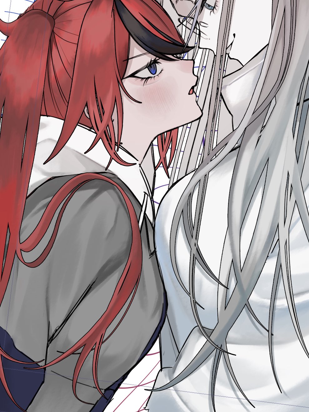 dn0lt, aotsuki eito, sumino takumi, the hundred line -last defense academy-, highres, 2girls, asymmetrical docking, black jacket, black streaks, blue eyes, breast focus, breast on breast, breast press, breasts, eye contact, face-to-face, genderswap, genderswap (mtf), glasses, grey hair, grey jacket, grin, hood, hoodie, jacket, jacket over hoodie, looking at another, medium breasts, multicolored hair, multicolored jacket, multiple girls, open mouth, red hair, smile, streaked hair, two-tone hair, two-tone jacket, white hoodie, white jacket