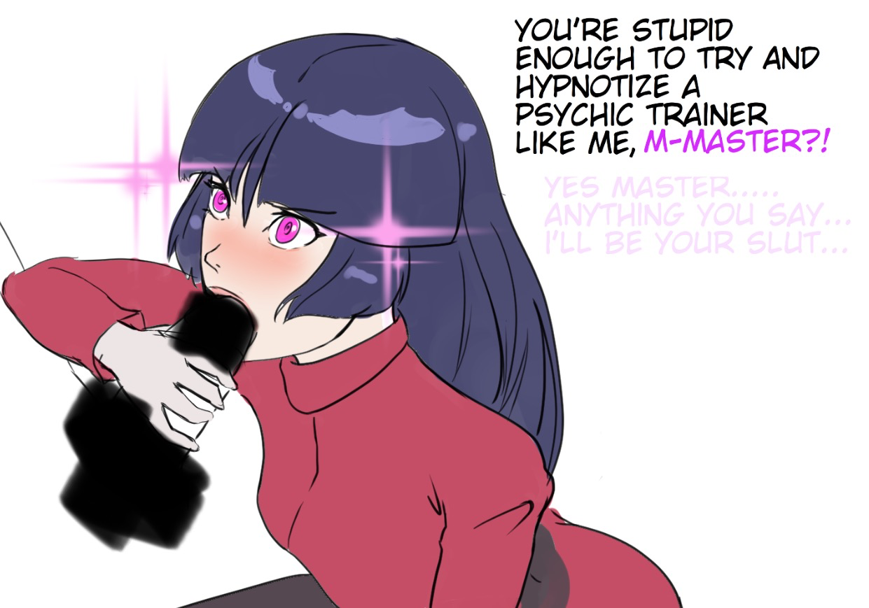 sunbeam (artist), selene (pokemon), nintendo, pokemon, pokemon rgby, 1girl, blush, censored, fellatio, handjob, long hair, oral, purple eyes, purple hair, simple background, speech bubble, straight bangs, straight hair