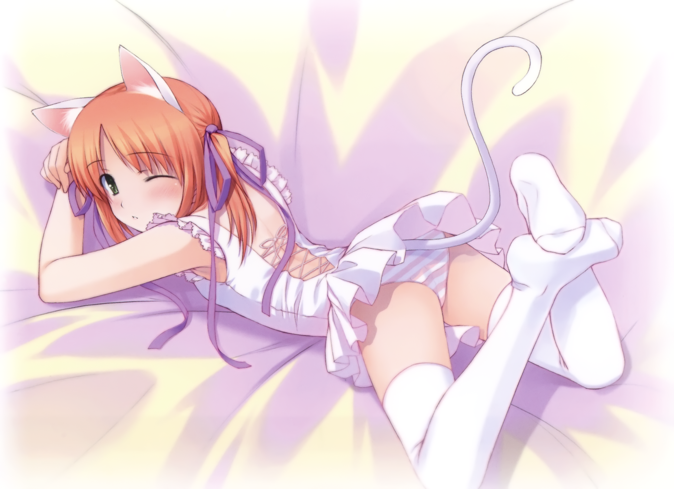 ooji, highres, 1girl, animal ears, cat ears, cat tail, feet, feet together, female focus, green eyes, legs, looking back, lying, no shoes, on stomach, one eye closed, panties, short hair, solo, striped clothes, striped panties, tail, thighhighs, twintails, underwear, white thighhighs, wink