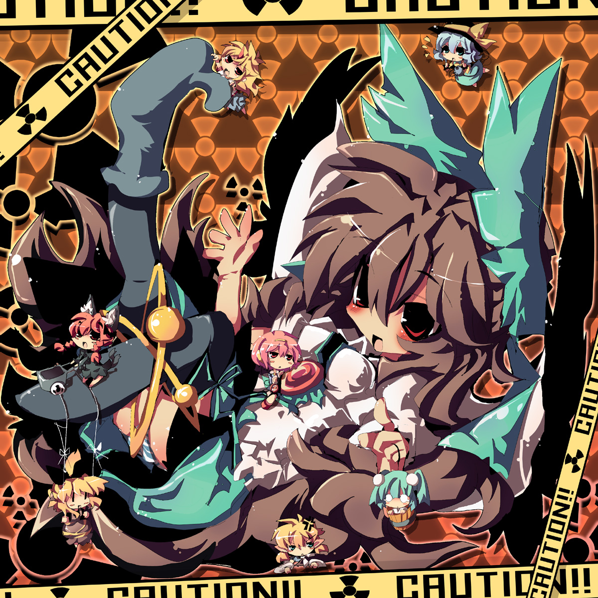 dango mushi, hoshiguma yuugi, kaenbyou rin, kisume, komeiji koishi, komeiji satori, kurodani yamame, mizuhashi parsee, reiuji utsuho, subterranean animism, touhou, commentary, highres, 6+girls, animal ears, blonde hair, blue hair, bow, breasts, brown hair, cape, cat ears, cat girl, cat tail, caution tape, fang, female focus, giant, giantess, green eyes, horns, multiple girls, o o, panties, pantyshot, red eyes, single horn, skirt, striped clothes, striped panties, tail, twintails, underwear, wings, | |