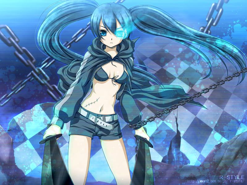 r-style, black rock shooter (character), black rock shooter, 10s, 1girl, bikini, bikini top only, black hair, blue eyes, chain, dual wielding, female focus, glowing, glowing eyes, holding, jacket, long hair, navel, scar, shorts, solo, swimsuit, sword, twintails, weapon