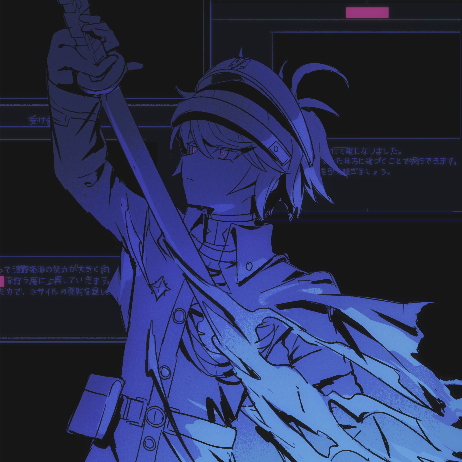 hai (haihki), sumino takumi, the hundred line -last defense academy-, commentary request, highres, translation request, 1boy, arm up, belt, belt pouch, blue theme, buttons, cape, closed mouth, expressionless, hair between eyes, holding, holding sword, holding weapon, hole in chest, hole on body, last defense academy school uniform, long sleeves, male focus, monochrome, pouch, school uniform, short hair, solo, spot color, sword, upper body, weapon