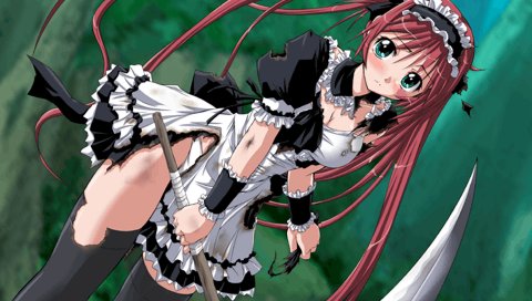 airi (queen's blade), airi (the infernal temptress), queen's blade, lowres, 00s, blush, green eyes, long hair, maid, panties, red hair, scythe, solo, thighhighs, torn clothes, underwear, zettai ryouiki