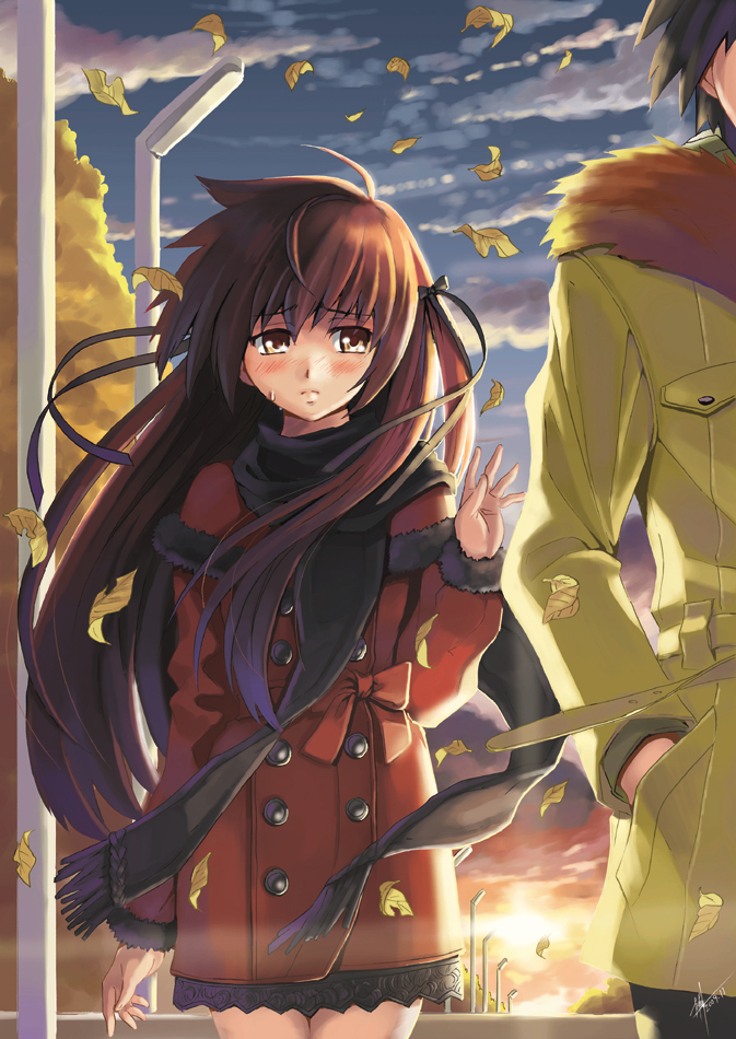 yuu (yuyukaikan), original, 1girl, autumn, blush, brown eyes, brown hair, coat, hair ribbon, leaf, long hair, ribbon, scarf, solo focus, tears, waving