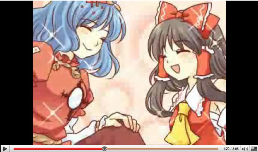hakurei reimu, yasaka kanako, touhou, youtube, jpeg artifacts, 2girls, female focus, multiple girls, upper body