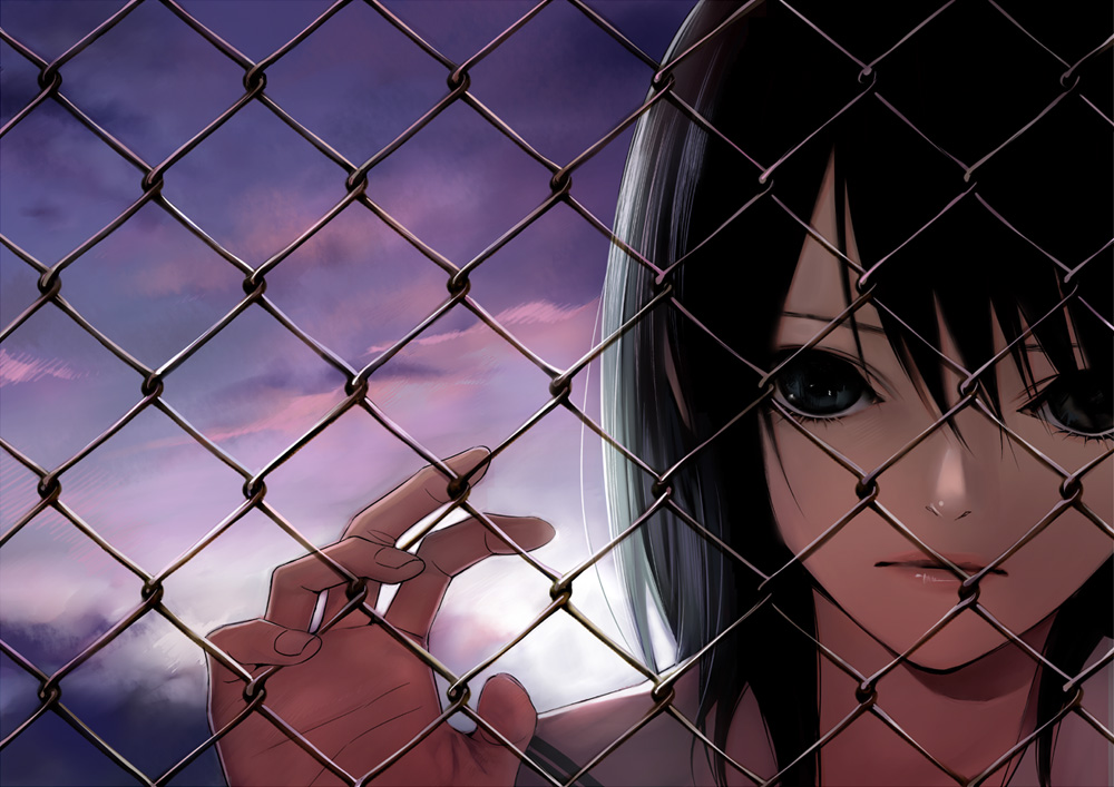 kiyohara hiro, original, bad id, bad pixiv id, 1girl, black eyes, black hair, chain-link fence, close-up, cloud, female focus, fence, lips, outdoors, portrait, sky, solo