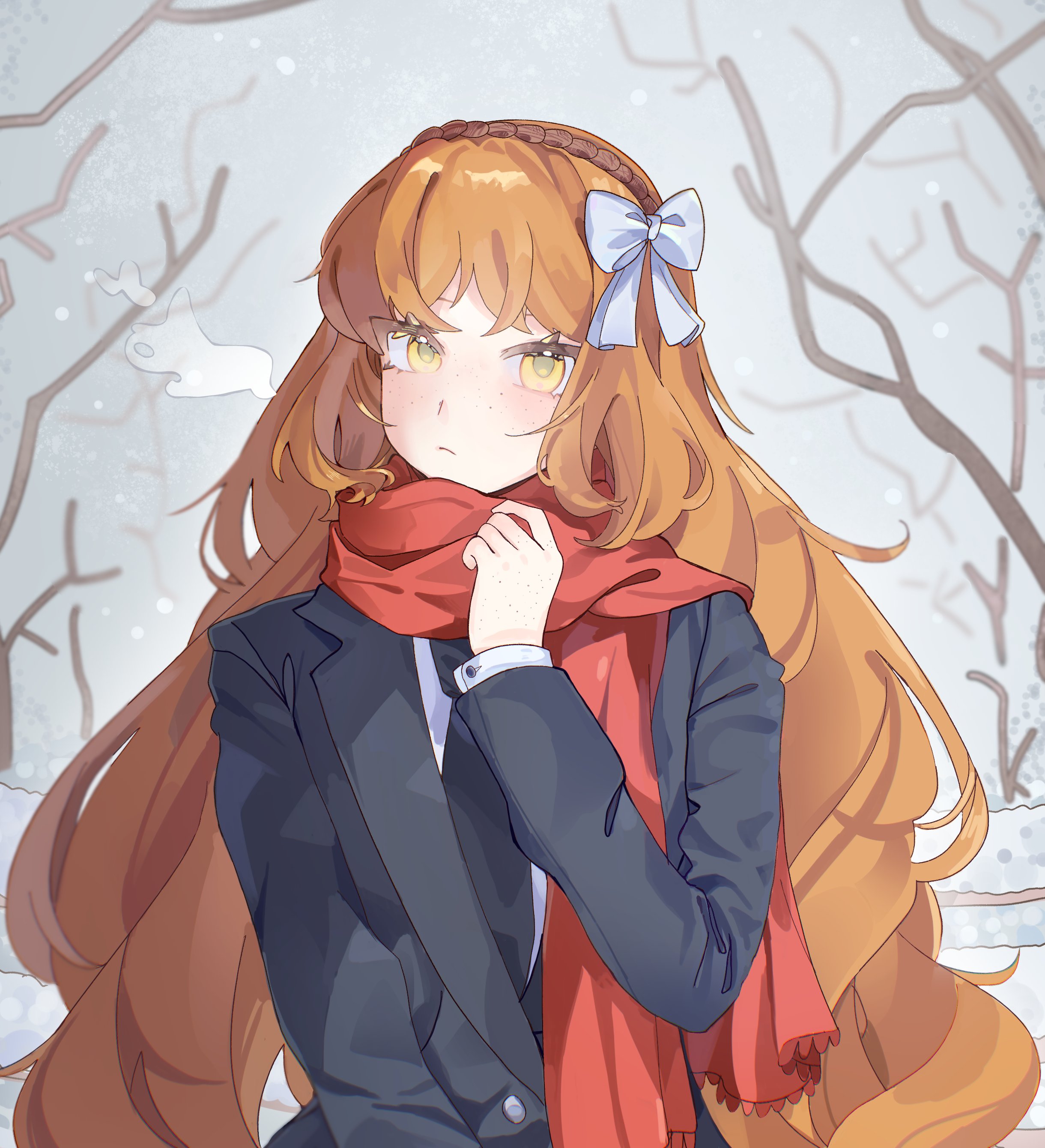 kyuncat, ishmael (project moon), limbus company, project moon, absurdres, commentary, english commentary, highres, 1girl, black jacket, black necktie, blush, bow, branch, brown hairband, buttons, closed mouth, day, formal clothes, freckles, green eyes, grey sky, hair bow, hairband, hand up, jacket, lapels, long hair, long sleeves, looking to the side, necktie, open clothes, open jacket, orange hair, outdoors, red scarf, scarf, shirt, sky, snow, solo, tree, upper body, very long hair, wavy hair, white bow, white shirt, winter