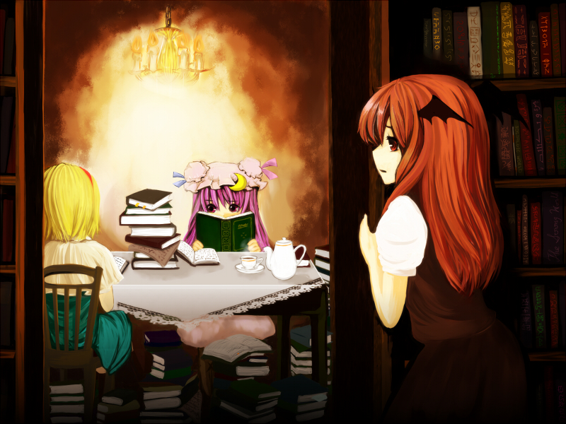 chagu, chyagu, alice margatroid, koakuma, patchouli knowledge, touhou, 3girls, blonde hair, book, bookshelf, candle, female focus, head wings, long hair, looking at another, multiple girls, purple eyes, purple hair, red eyes, red hair, wings, yuri
