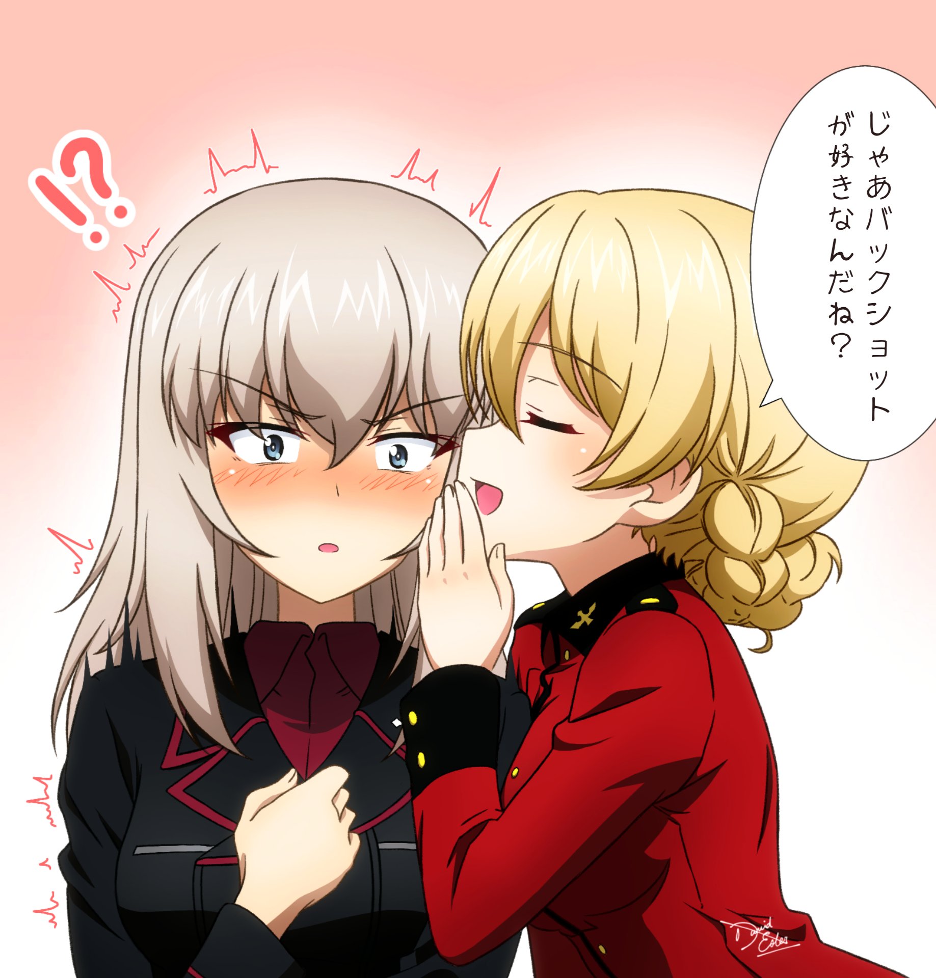 kd esler, darjeeling (girls und panzer), itsumi erika, girls und panzer, commentary request, highres, translation request, !?, 2girls, black jacket, blonde hair, blue eyes, blush, breasts, closed eyes, embarrassed, grey hair, jacket, kuromorimine military uniform, long hair, medium breasts, multiple girls, open mouth, pink background, red jacket, red shirt, school uniform, shirt, simple background, st. gloriana's military uniform, upper body