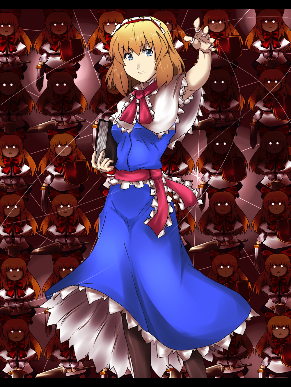 reon (pixiv), reon (saikyou), alice margatroid, shanghai doll, touhou, highres, 1girl, blonde hair, blue eyes, book, doll, female focus, hairband, pantyhose, puppet rings, puppet strings, ring, short hair, solo