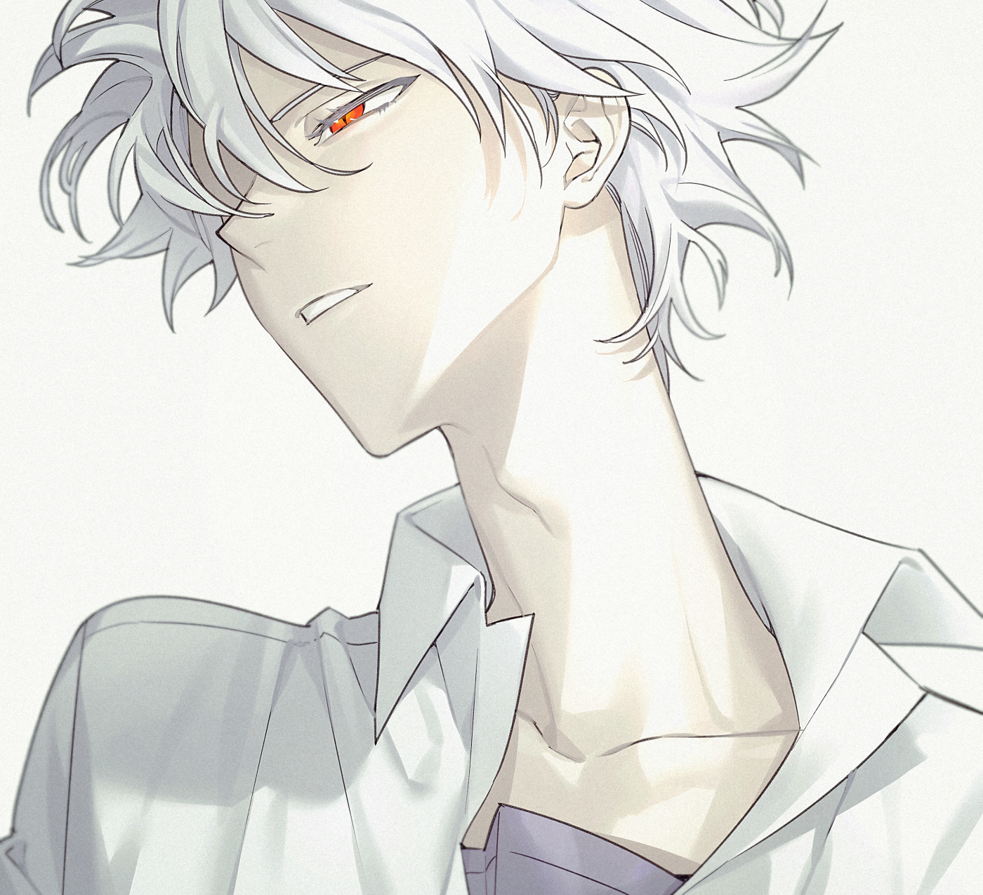 himo (himodayoo), nagisa kaworu, neon genesis evangelion, commentary request, highres, 1boy, adam's apple, collared shirt, grey hair, long neck, male focus, parted lips, portrait, purple shirt, red eyes, shirt, short hair, simple background, solo, teeth, white background, white shirt