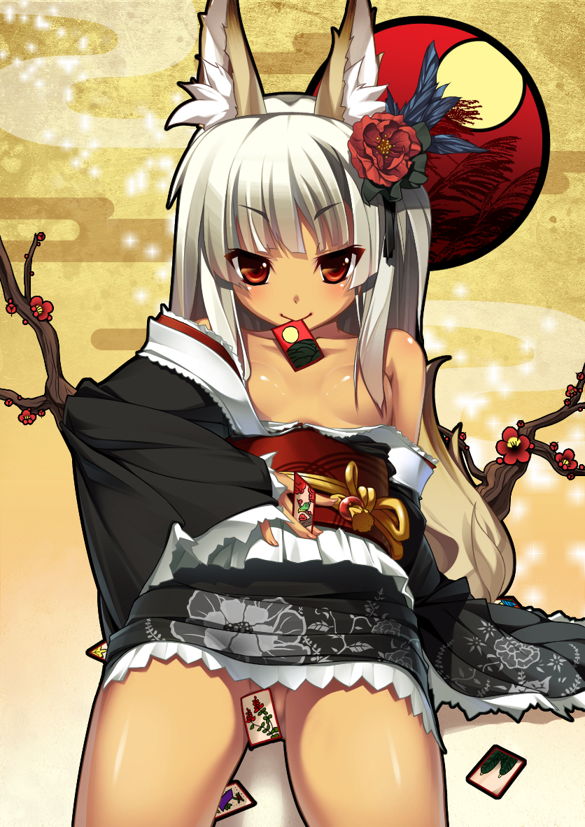 nekomu, original, 1girl, :>, animal ears, bare shoulders, card, dark-skinned female, dark skin, egasumi, female focus, flat chest, flower, fox ears, hair censor, hair flower, hair ornament, hair over breasts, hanafuda, japanese clothes, kimono, mouth hold, naughty face, no panties, obi, off shoulder, red eyes, sash, short kimono, solo, white hair, yukata