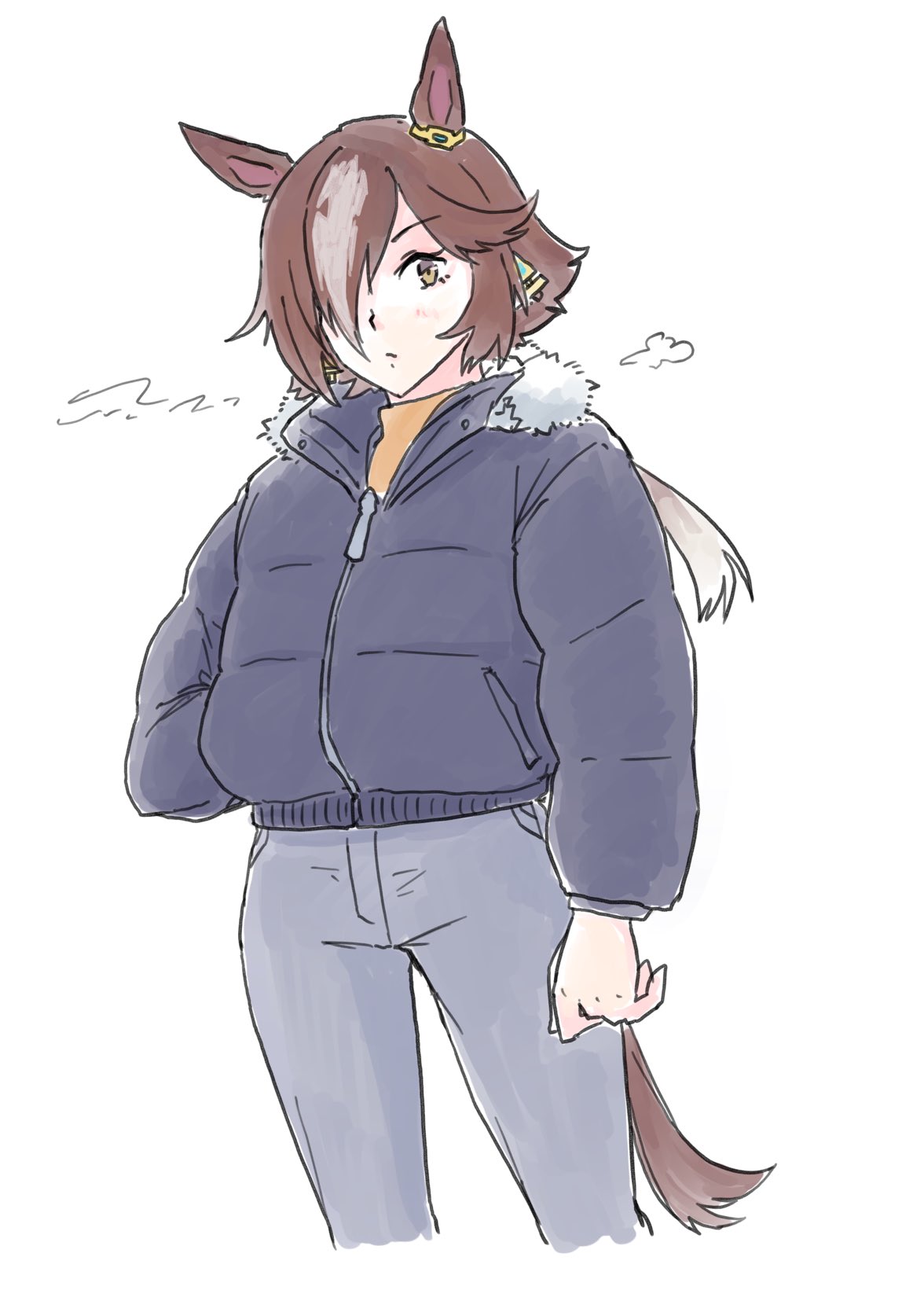 vent arbre, vodka (umamusume), umamusume, commentary request, highres, 1girl, animal ears, black jacket, blush, breath, brown eyes, brown hair, brown shirt, closed mouth, cropped legs, down jacket, fur-trimmed jacket, fur trim, grey pants, hair over one eye, horse ears, horse girl, horse tail, jacket, long hair, looking at viewer, multicolored hair, pants, shirt, simple background, solo, tail, two-tone hair, very long hair, white background, white hair