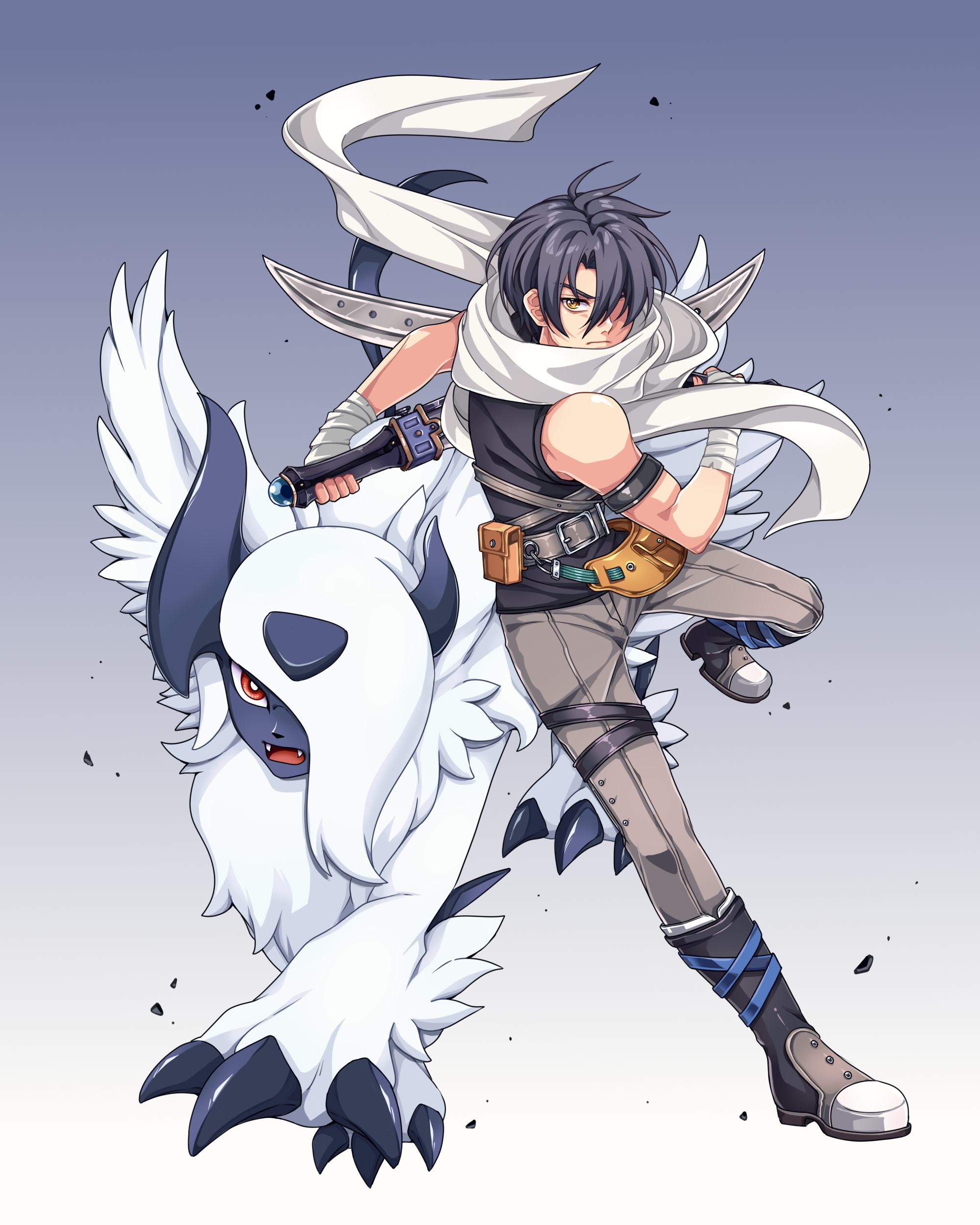 yuzukiyo, absol, joshua bright, eiyuu densetsu, nintendo, pokemon, sora no kiseki, absurdres, commentary, english commentary, highres, 1boy, bandaged arm, bandages, belt pouch, black hair, black shirt, blue background, boots, denim, dual wielding, floating scarf, full body, gen 3 pokemon, gradient background, hair between eyes, hair over one eye, holding, holding sword, holding weapon, jeans, looking at viewer, pants, parted bangs, pokemon (creature), pouch, scarf, shirt, short hair, sleeveless, sleeveless shirt, swept bangs, sword, tachi-e, weapon, white scarf, yellow eyes
