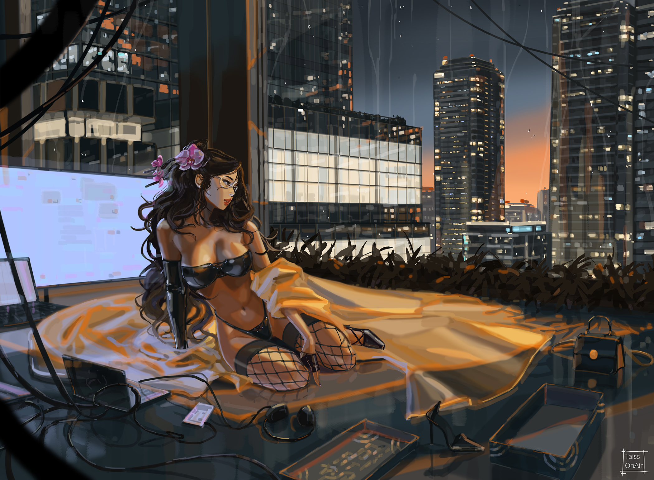 tatti art, original, commentary, commission, english commentary, highres, paid reward available, variant set, 1girl, arm support, artist name, asymmetrical gloves, bag, black gloves, black hair, breasts, building, city, cleavage, computer, fingerless gloves, fishnet thighhighs, fishnets, flower, glasses, gloves, hair flower, hair ornament, handbag, headphones, high heels, laptop, large breasts, long hair, navel, night, sitting, solo, thighhighs, uneven gloves, window, yokozuwari