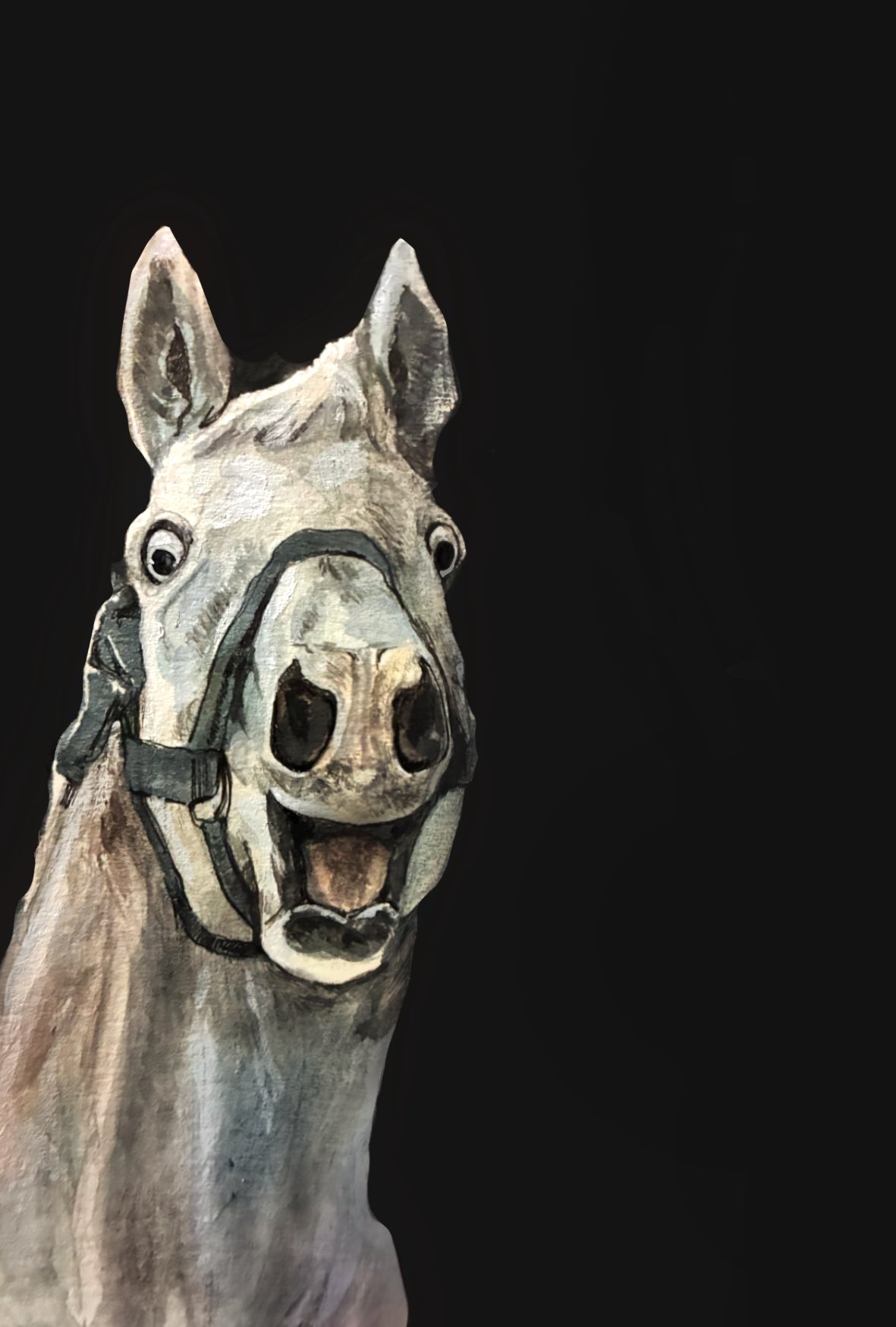gold ship (racehorse), real life, commentary request, highres, photo-referenced, animal focus, black background, bridle, horse, looking at viewer, no humans, open mouth, simple background, takahashi shion, tongue