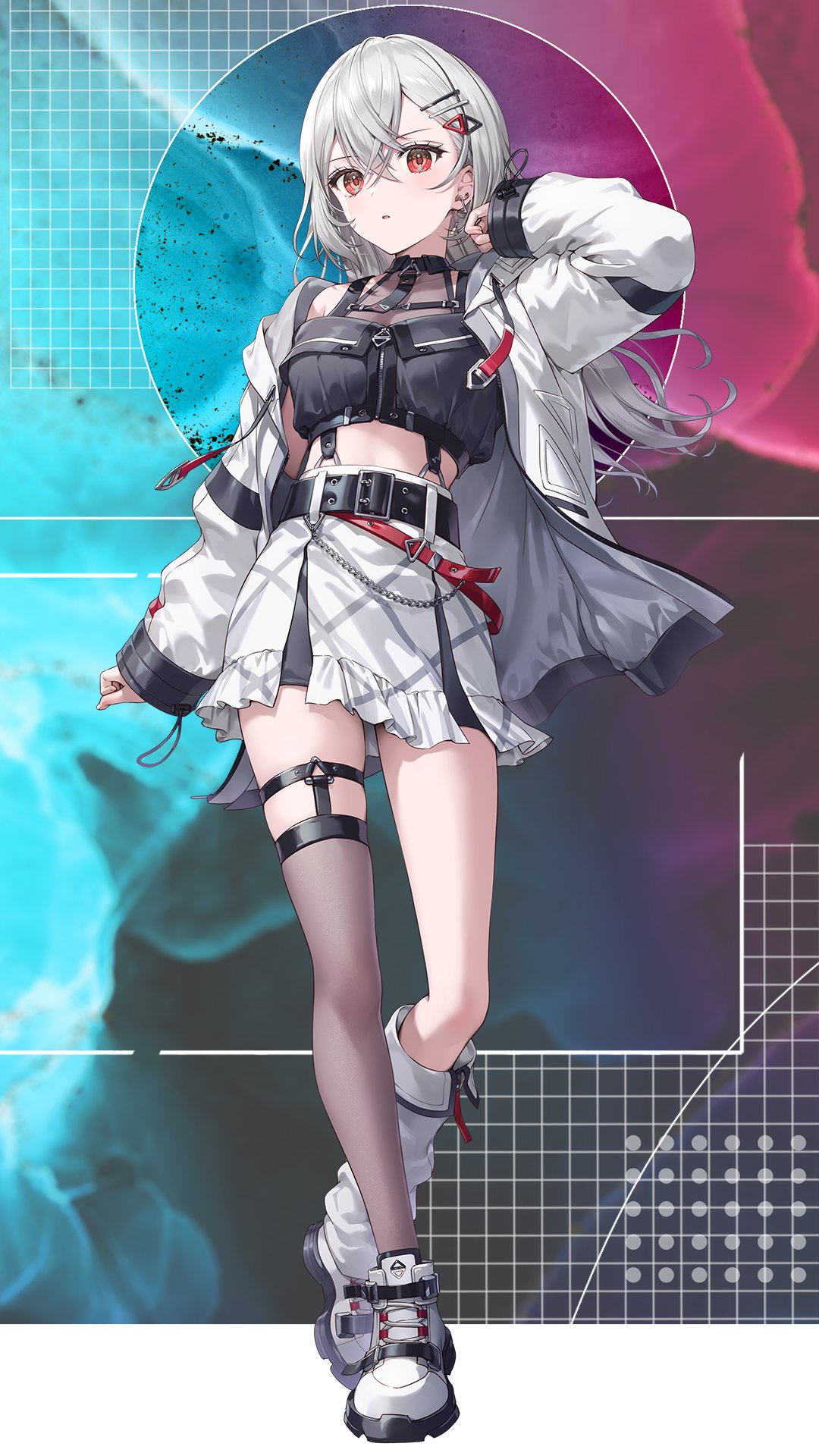 kikugetsu, necomi, commentary, english commentary, highres, official art, 1girl, asymmetrical footwear, asymmetrical legwear, bare shoulders, black bra, black choker, black thighhighs, boots, bra, breasts, choker, earrings, grey hair, hair ornament, hairclip, hand up, high heels, hitotose tanteidan, jewelry, kannagi tenri, light blush, long hair, looking ahead, medium breasts, mismatched footwear, mismatched legwear, parallel hairclips, red eyes, shirt, single thighhigh, skirt, sleeves past wrists, solo, standing, standing on one leg, thighhighs, underwear, white boots, white shirt, white skirt