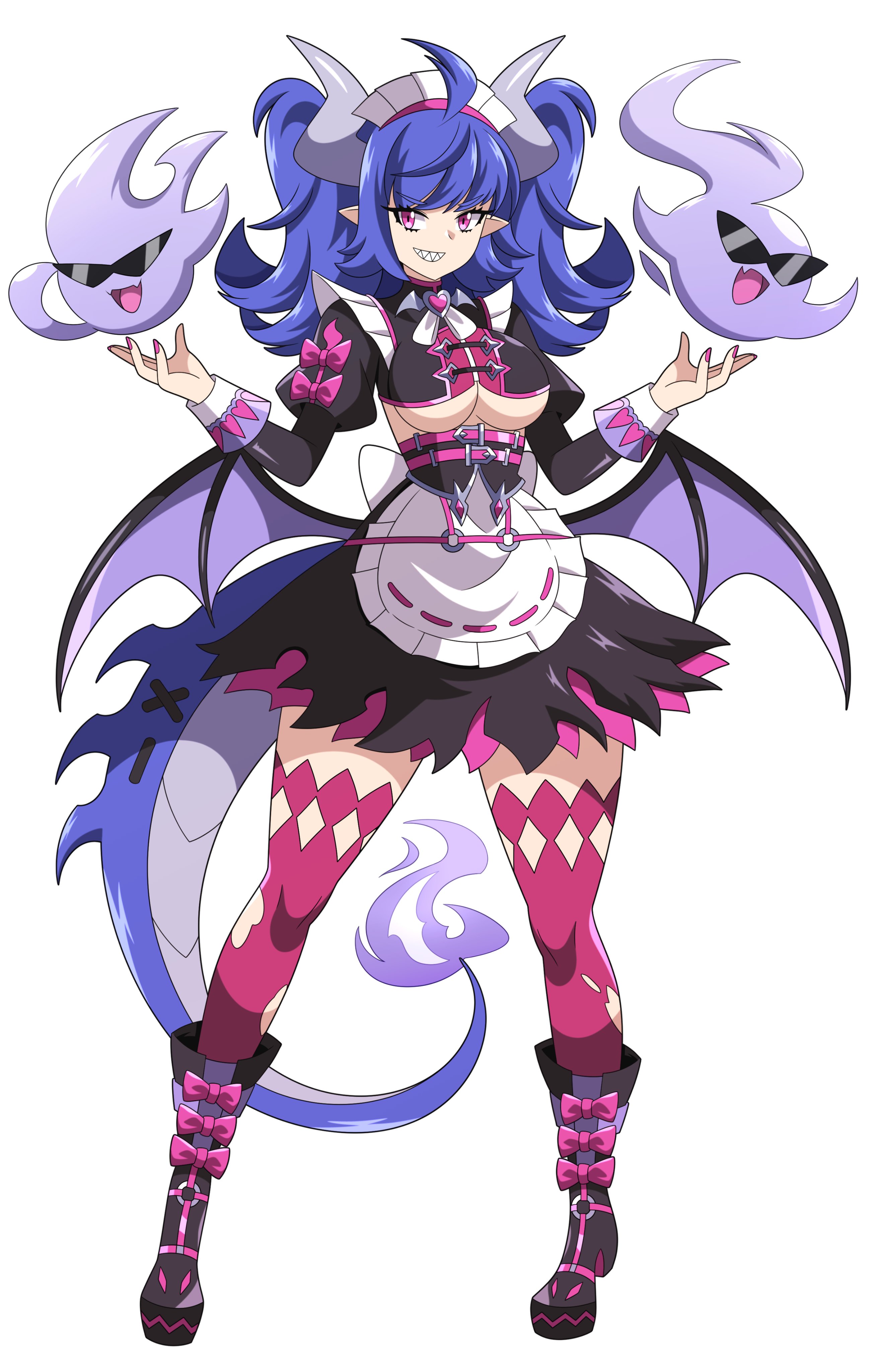 abysswatchers, character request, copyright request, 1girl, ahoge, apron, belt, blue hair, boots, breasts, buckle, demon girl, demon wings, fire, ghost, high heels, large breasts, long hair, maid, maid headdress, o-ring, pink eyes, pointy ears, sharp teeth, smile, tail, teeth, torn clothes, twintails, underboob, white background, wings