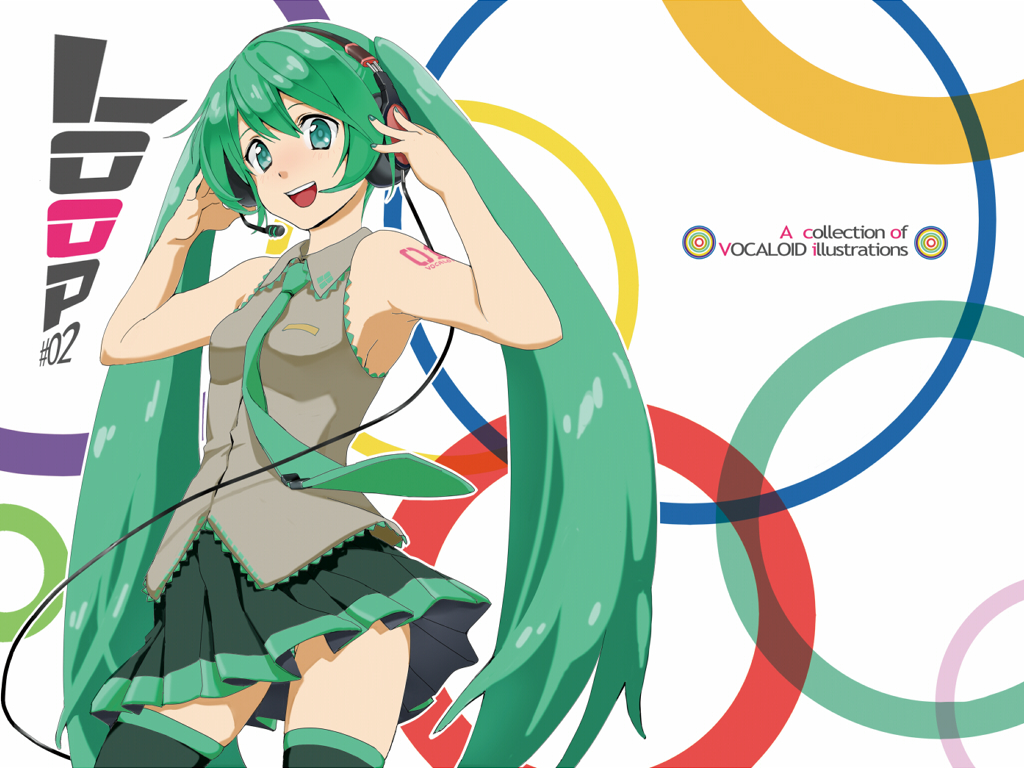 tsukota, hatsune miku, vocaloid, cable, green eyes, green hair, headset, long hair, necktie, skirt, solo, thighhighs, twintails, very long hair, zettai ryouiki