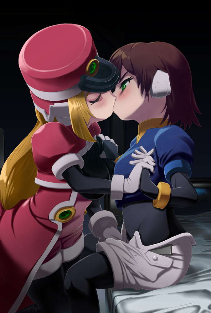 machbow, aile (mega man zx), prairie (mega man), capcom, mega man (series), mega man zx, bad id, bad pixiv id, 2girls, bed, blonde hair, blush, breasts, breasts squeezed together, brown hair, closed eyes, couple, grabbing another's breast, green eyes, groping, holding hands, interlocked fingers, kiss, multiple girls, yuri