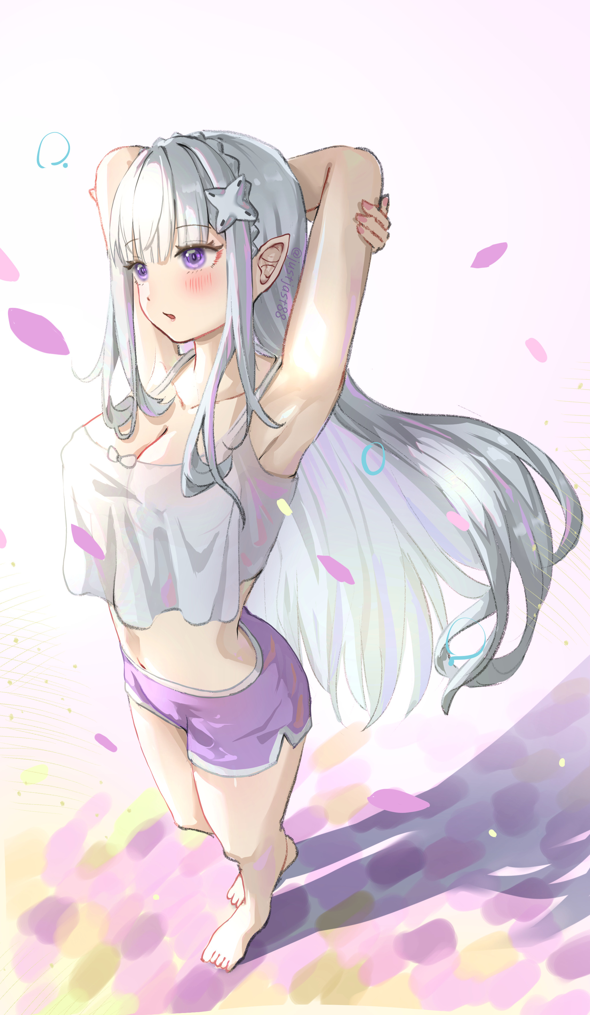 justjast, emilia (re:zero), re:zero kara hajimeru isekai seikatsu, absurdres, commentary request, highres, 1girl, armpits, barefoot, breasts, camisole, cleavage, falling petals, grey hair, hair ornament, long hair, midriff, petals, presenting armpit, purple eyes, shorts, solo