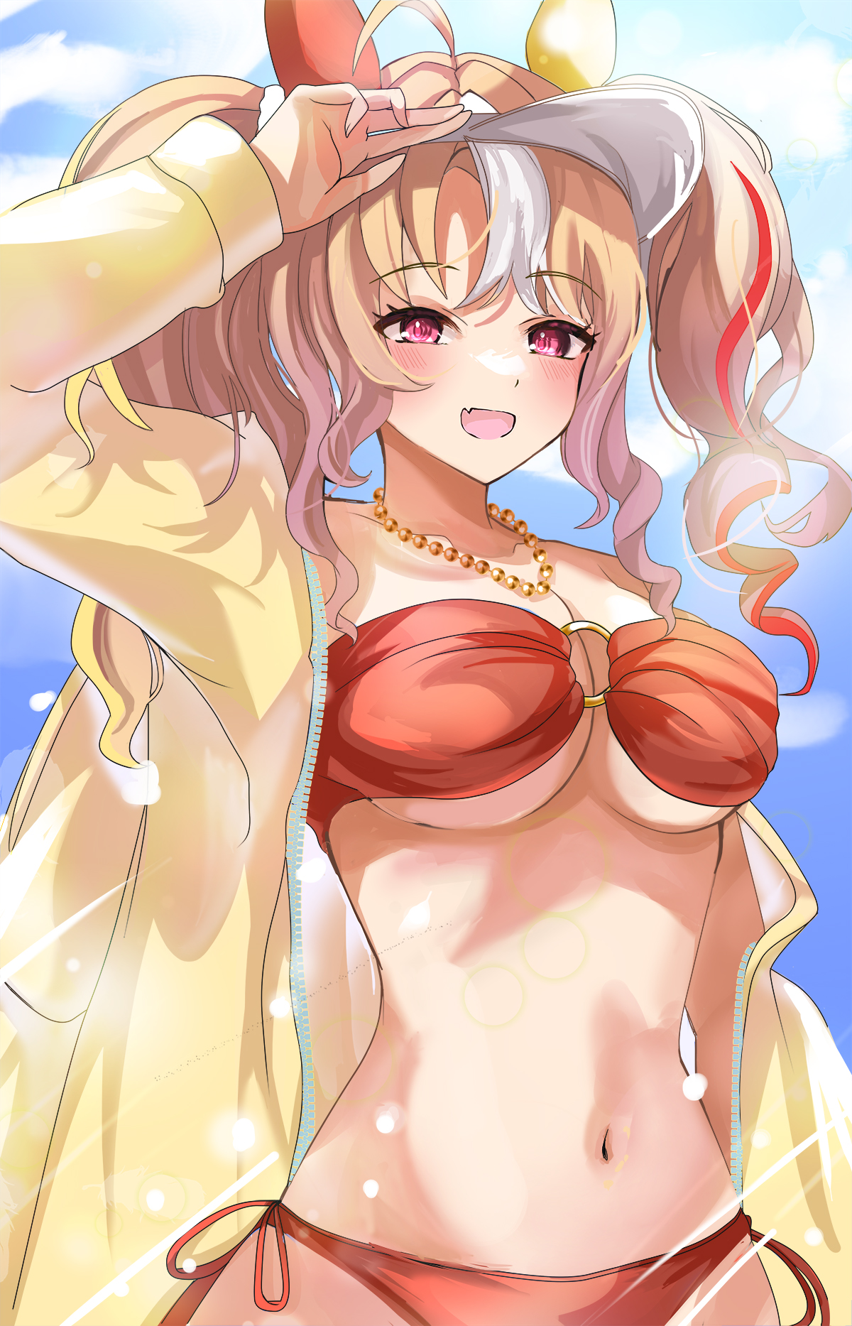 hanamura pink, fusaichi pandora (umamusume), umamusume, commentary request, highres, ahoge, animal ears, bikini, blonde hair, blue sky, blush, breasts, cloud, ear covers, fang, hair between eyes, horse ears, horse girl, horse tail, jacket, jewelry, large breasts, long hair, looking at viewer, mismatched ear covers, multicolored hair, navel, necklace, open clothes, open jacket, open mouth, purple eyes, red bikini, red eyes, sky, smile, solo, stomach, swimsuit, tail, twintails, visor cap, yellow jacket