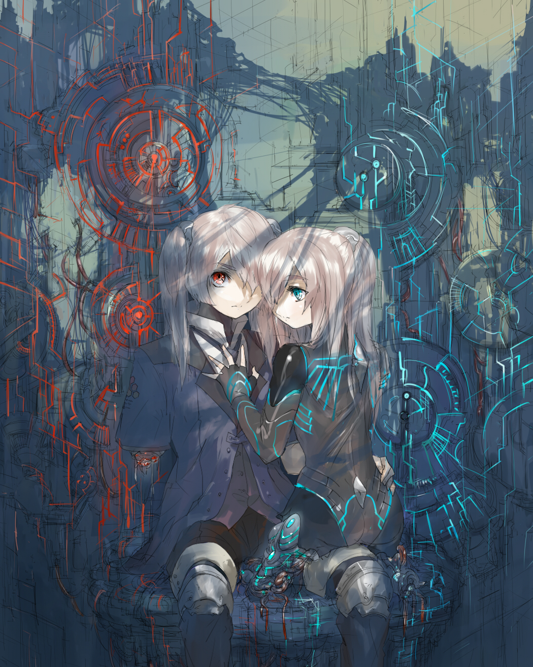 shirousagi (sep7nt), original, bad id, bad pixiv id, gender request, highres, amputee, androgynous, android, aqua eyes, blonde hair, formal clothes, hair over one eye, long hair, necktie, ponytail, red eyes, sitting, suit, twintails