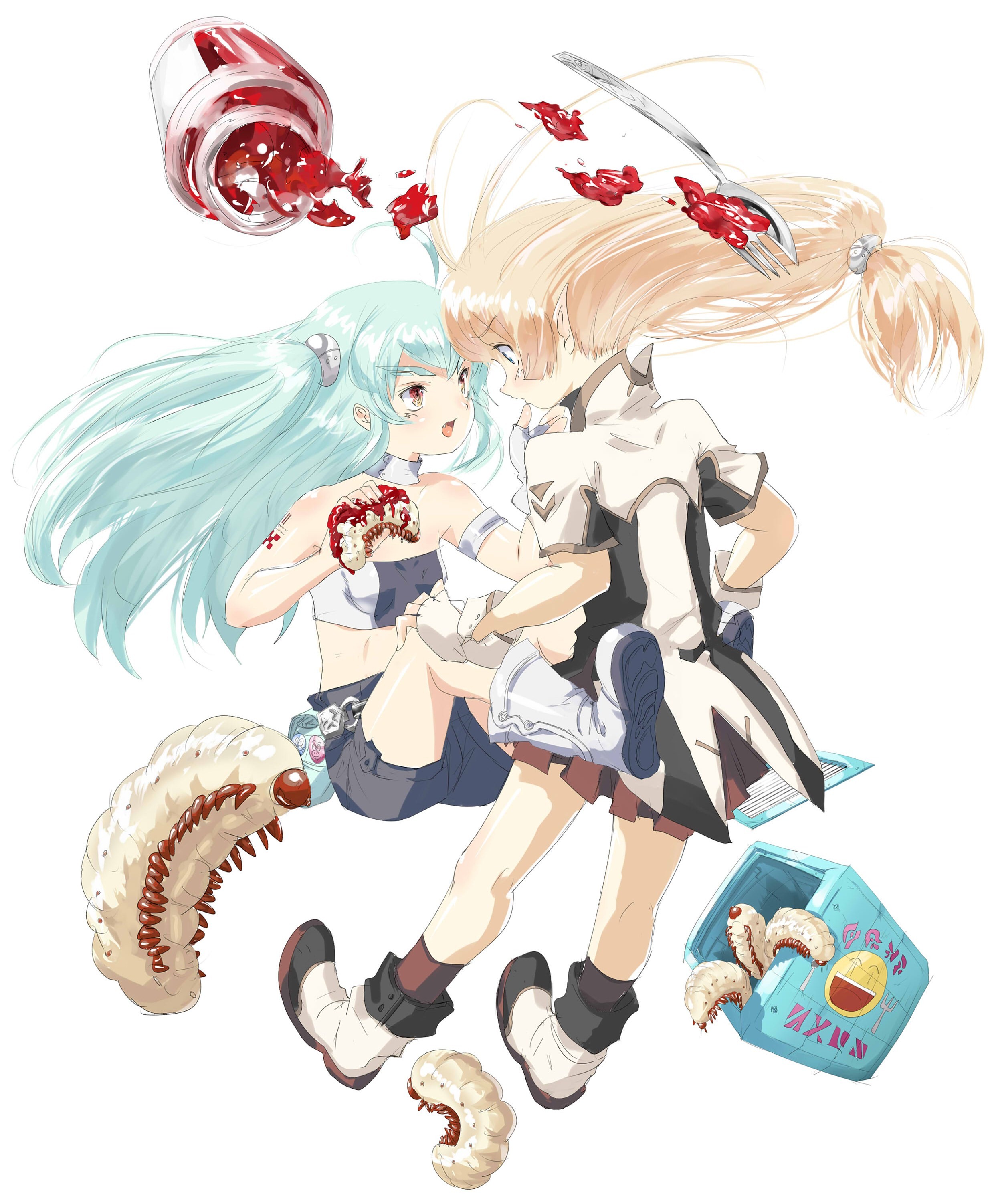 shirousagi (sep7nt), original, absurdres, bad id, bad pixiv id, highres, 2girls, ahoge, aqua hair, blonde hair, blue eyes, boots, fang, fork, jam, jumping, long hair, multiple girls, red eyes, shorts, simple background, skirt, twintails, worm