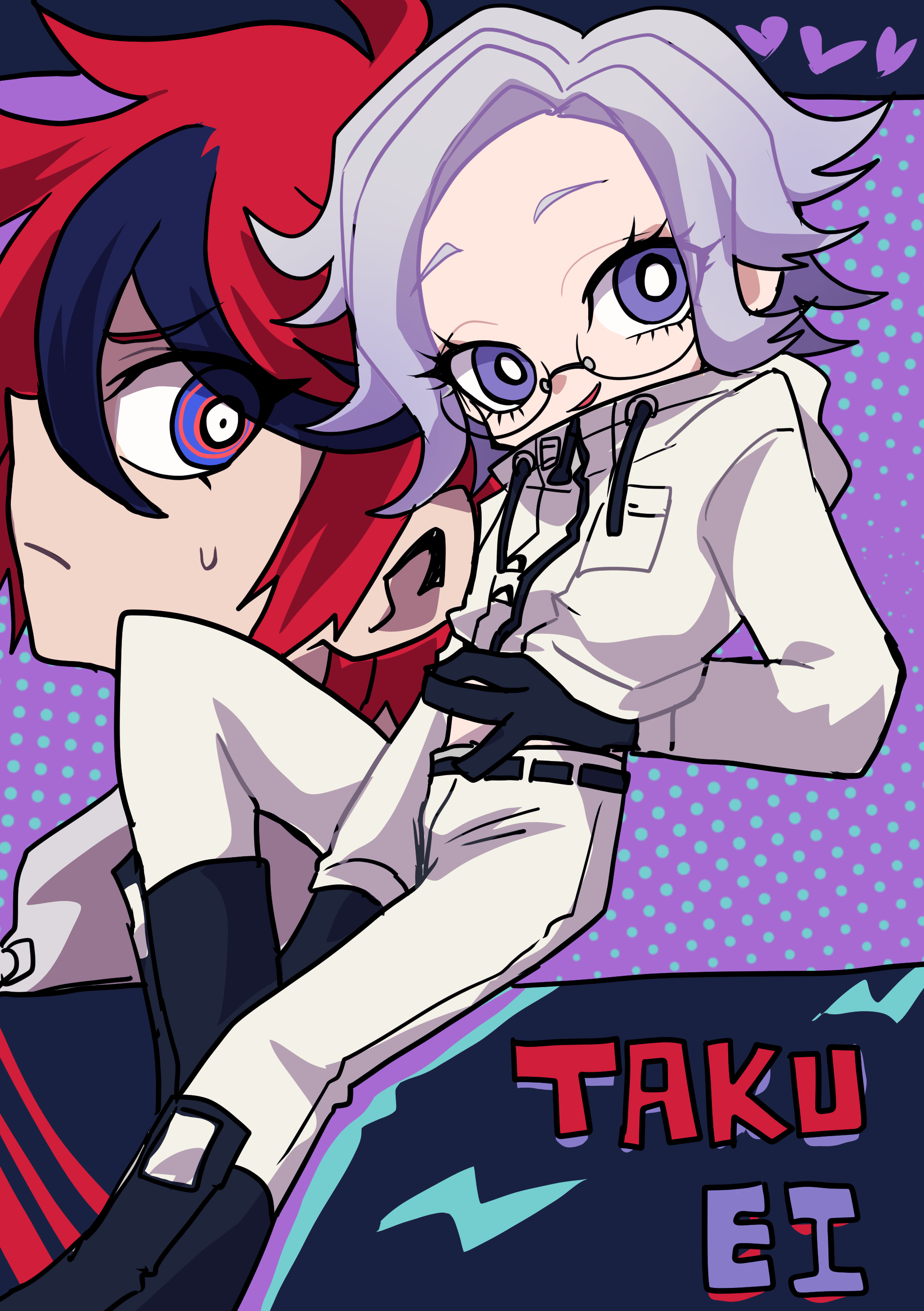 kawati, aotsuki eito, sumino takumi, the hundred line -last defense academy-, absurdres, commentary request, highres, 2boys, ahoge, between legs, black gloves, black streaks, blue eyes, breast pocket, bright pupils, clothes lift, deformed, english text, glasses, gloves, grey hair, hand between legs, heart, jacket, jacket lift, looking at viewer, male focus, multicolored hair, multiple boys, pants, pocket, purple eyes, red hair, ringed eyes, short hair, smile, streaked hair, sweatdrop, white jacket, white pants, white pupils