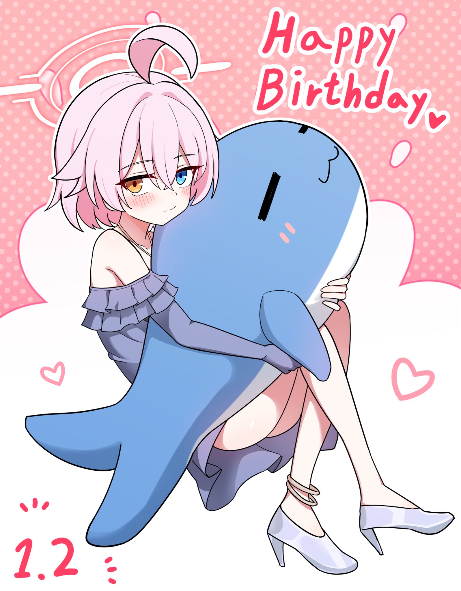 jam to cham, hoshino (blue archive), hoshino (first year) (blue archive), blue archive, commentary, english commentary, highres, 1girl, ahoge, alternate costume, aqua dress, blue eyes, dress, halo, happy birthday, heterochromia, looking at viewer, orange eyes, short hair, smile, solo, stuffed animal, stuffed toy, upskirt