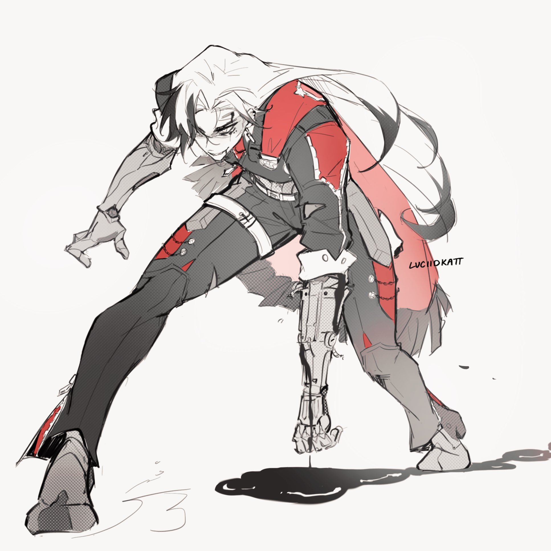 luciidkatt, boothill (honkai: star rail), honkai: star rail, honkai (series), commentary, english commentary, highres, 1boy, belt, black hair, black pants, cyborg, full body, grin, injury, long hair, male focus, multicolored hair, pants, scarf, short sleeves, simple background, sleeve cuffs, smile, solo, standing, teeth, thigh belt, thigh strap, white background, white belt, white hair