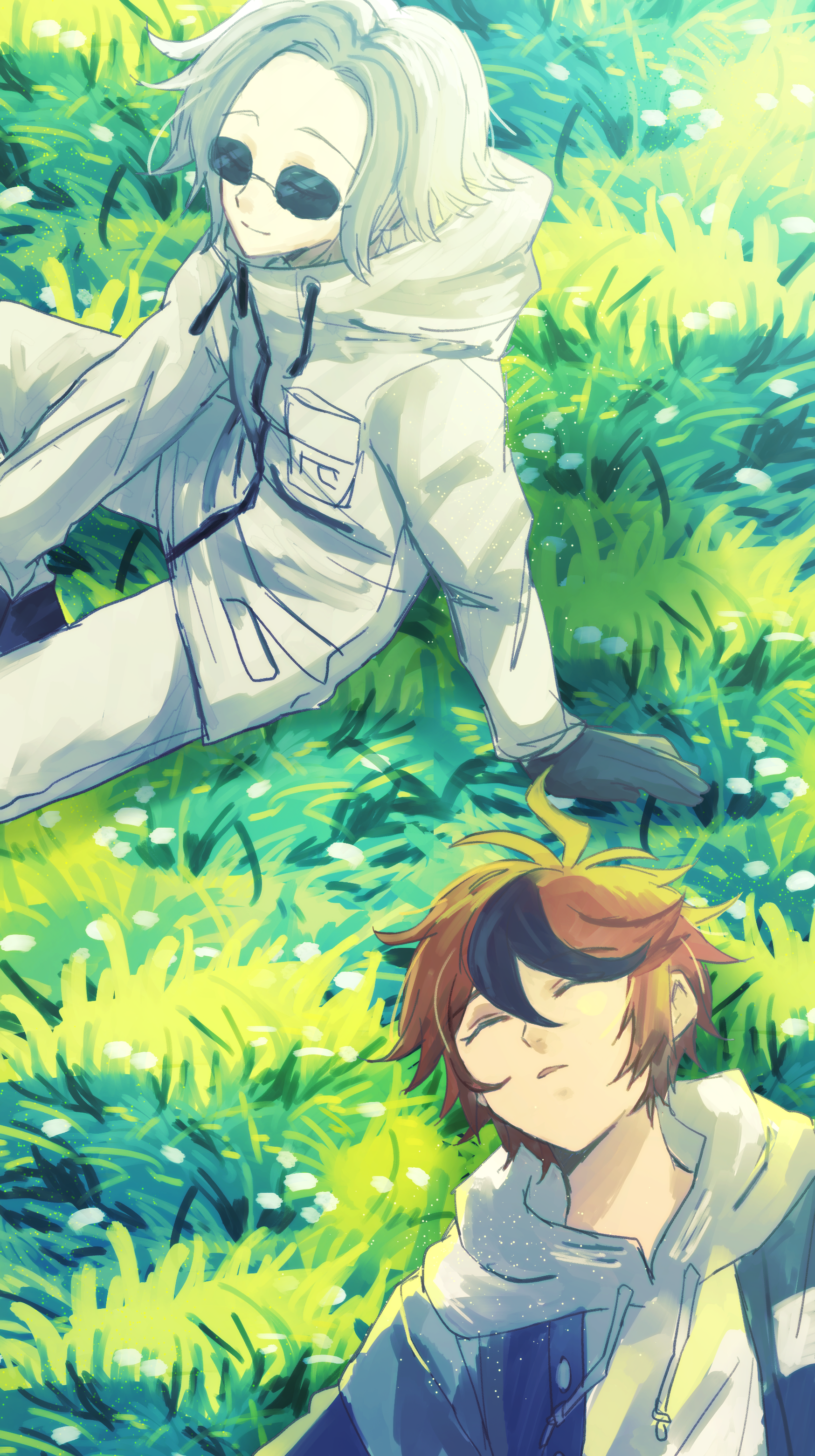 kawati, aotsuki eito, sumino takumi, the hundred line -last defense academy-, absurdres, commentary request, highres, 2boys, ahoge, black gloves, black streaks, blue jacket, closed eyes, field, gloves, grey hair, grey jacket, hood, hoodie, jacket, jacket over hoodie, lying, male focus, multicolored hair, multicolored jacket, multiple boys, on back, on grass, open clothes, open jacket, outdoors, parted lips, red hair, short hair, sitting, sleeping, smile, streaked hair, sunglasses, two-tone jacket, white hoodie, white jacket