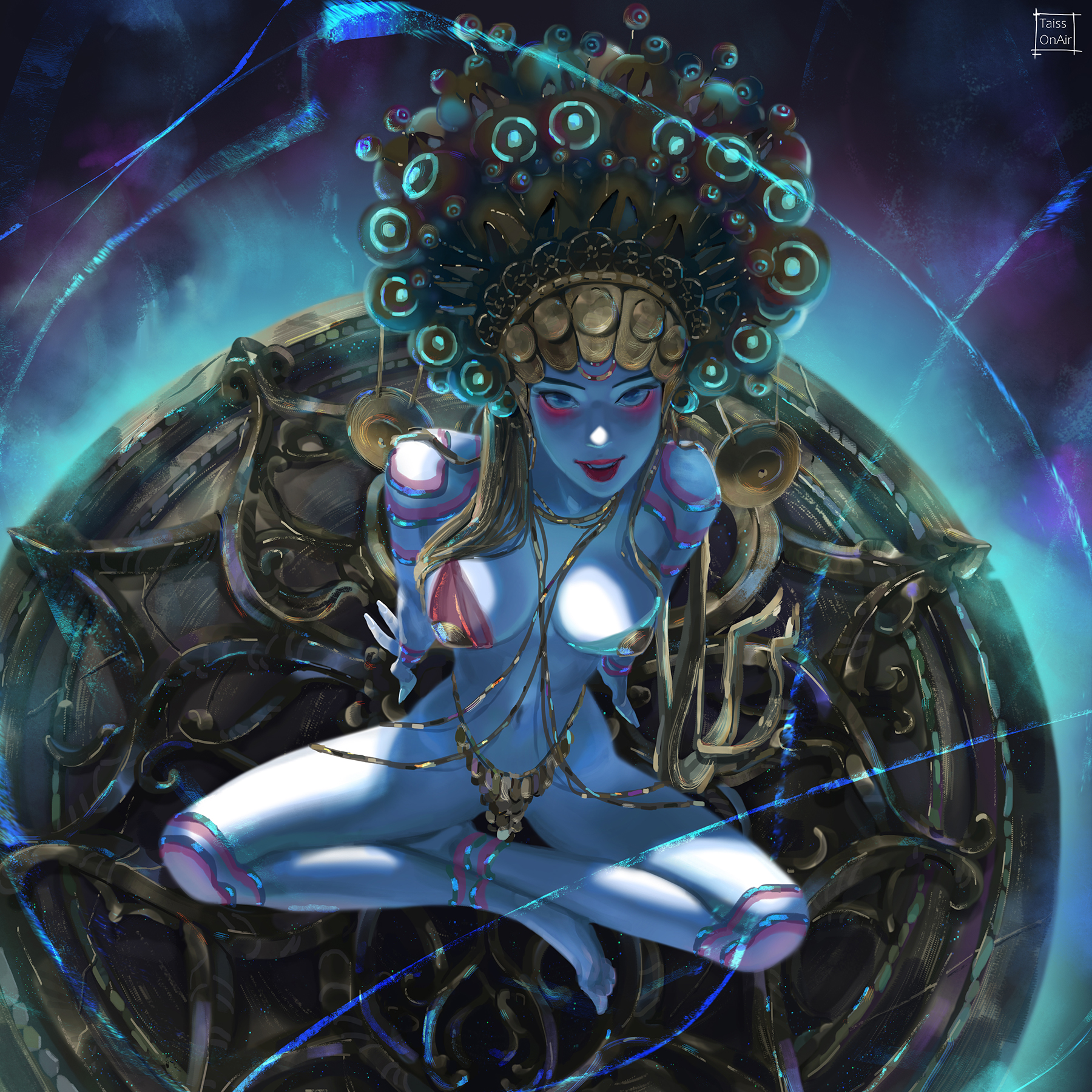 tatti art, original, commentary, english commentary, highres, paid reward available, variant set, 1girl, arm support, barefoot, blonde hair, blue eyes, blue skin, breasts, colored skin, fantasy, from above, jewelry, large breasts, long hair, looking at viewer, looking up, narrow waist, navel, open mouth, overexposure, red lips, smile, solo