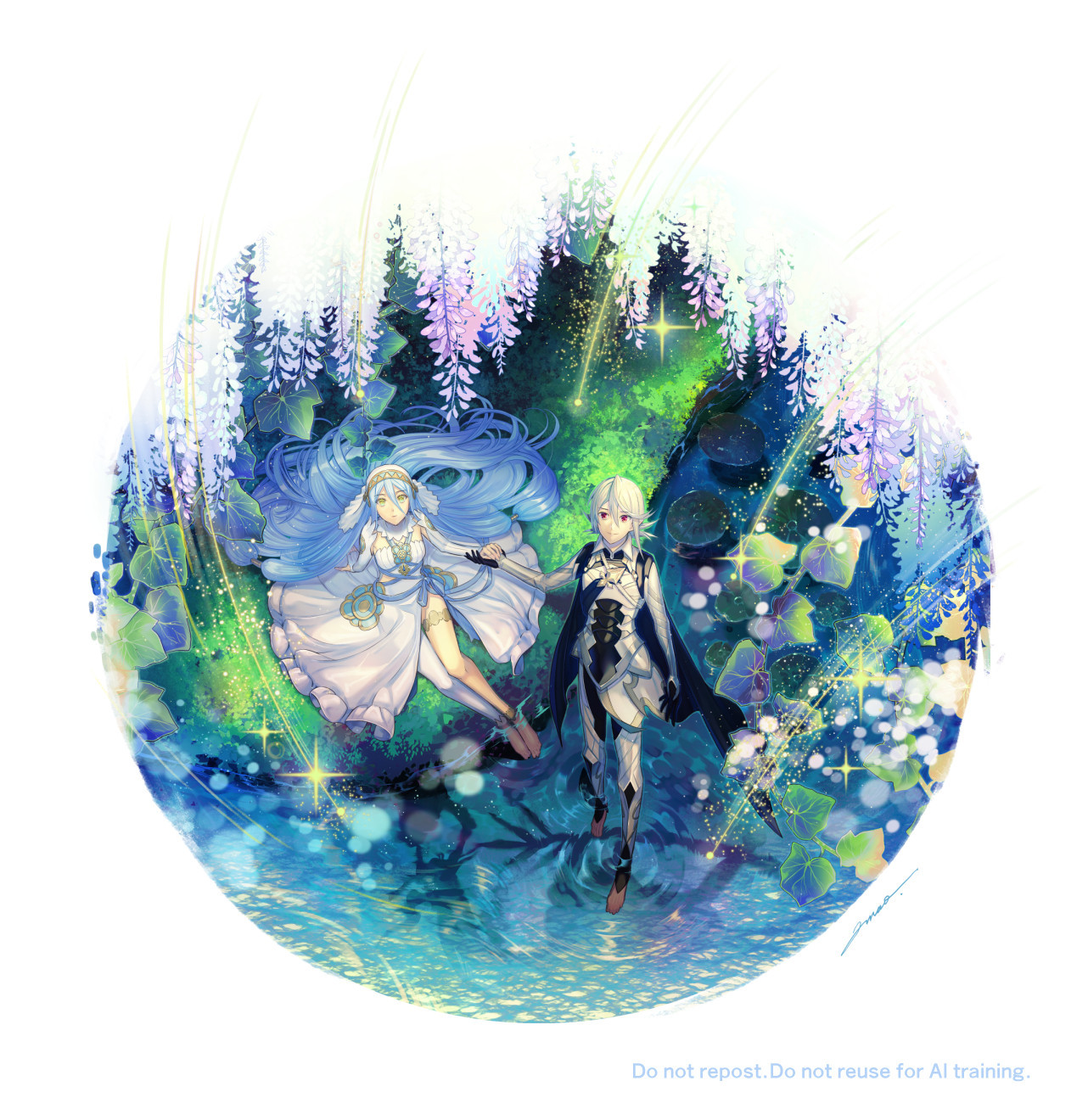 amao miyuki, azura (fire emblem), male corrin (fire emblem), fire emblem, fire emblem fates, nintendo, highres, 1boy, 1girl, armor, barefoot, black gloves, blue cape, blue hair, cape, closed mouth, double-parted bangs, dress, english text, gloves, grass, hair between eyes, holding hands, long hair, looking up, on grass, outdoors, red eyes, sitting, smile, standing, standing on liquid, very long hair, watermark, white dress, white hair, yellow eyes