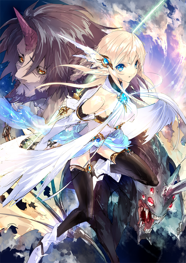 shirousagi (sep7nt), original, bad id, bad pixiv id, angel wings, beard, blonde hair, blue eyes, elbow gloves, facial hair, gloves, horns, long hair, thighhighs, wings, zettai ryouiki