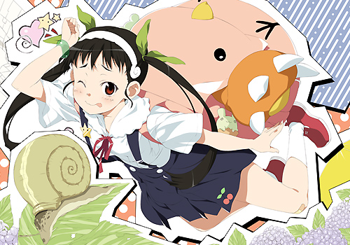 mizuki makoto, hachikuji mayoi, bakemonogatari, monogatari (series), lowres, 00s, one eye closed, school uniform, skirt, snail, solo, twintails, wink