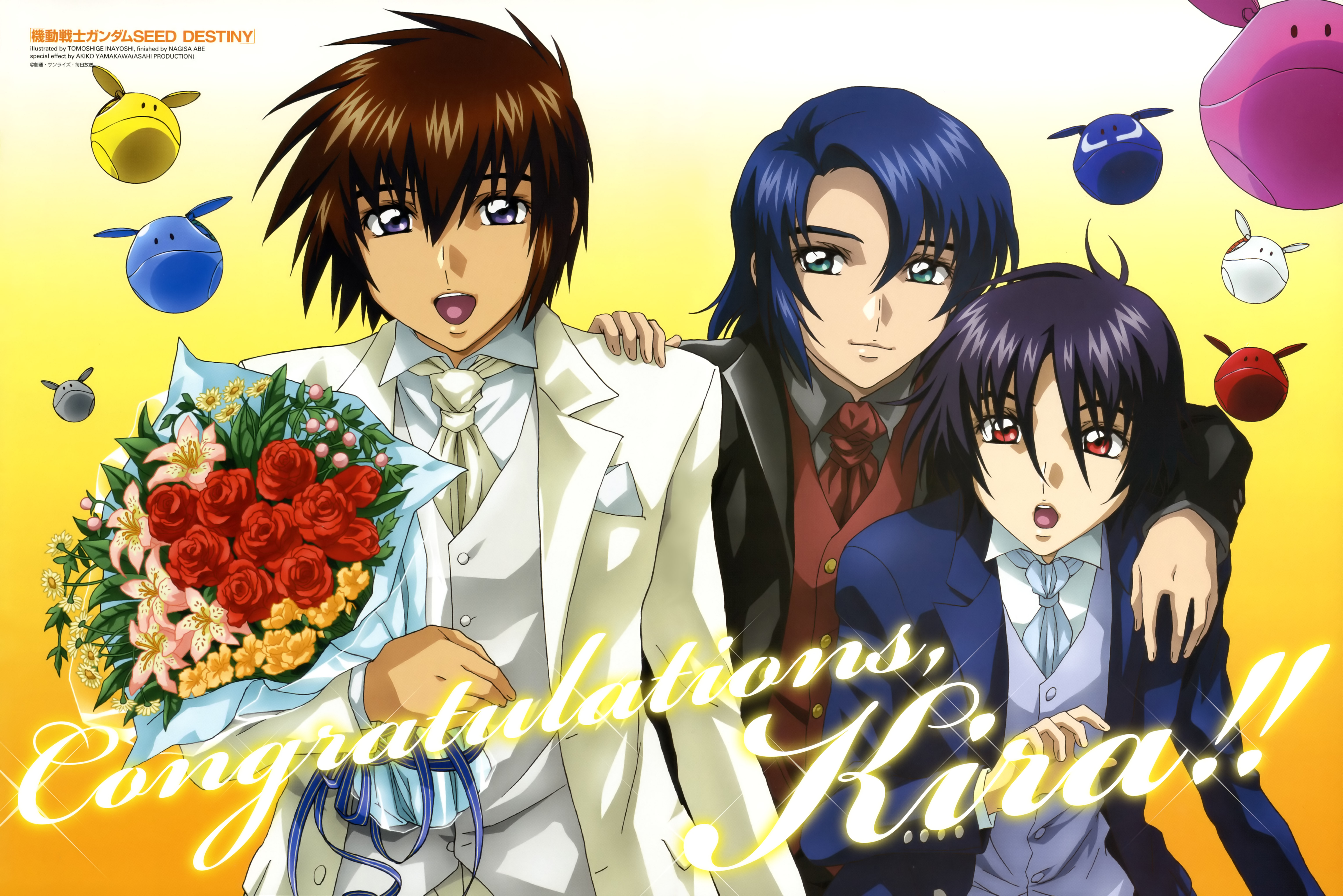inayoshi tomoshige, athrun zala, haro, kira yamato, shinn asuka, gundam, gundam seed, gundam seed destiny, absurdres, highres, official art, 00s, 3boys, :d, :o, aqua eyes, arm around neck, black hair, blue eyes, blue hair, bouquet, brown hair, buttons, character name, congratulations, flower, flying, formal clothes, gradient background, hair between eyes, hand on another's shoulder, handkerchief, holding, light smile, male focus, multiple boys, necktie, open mouth, orange background, parted bangs, red eyes, red flower, red rose, rose, short hair, smile, sparkle, spiked hair, suit, surprised, upper body, vest, waistcoat