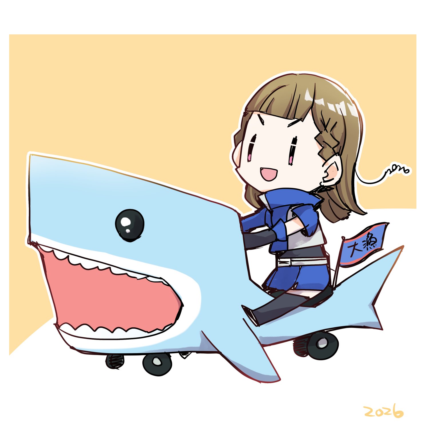 kanduki kamibukuro, kachimachi kosuzu, link! like! love live!, love live!, commentary request, highres, 1girl, 2026, :d, animal-themed vehicle, asymmetrical sleeves, black thighhighs, blue jacket, blue shorts, braid, brown hair, center-flap bangs, chibi, chibi only, jacket, ladybug/beauty (love live!), long hair, long sleeves, official alternate costume, open mouth, pink eyes, shark, short sleeves, shorts, side ahoge, side braids, smile, solo, thighhighs, uneven sleeves, v-shaped eyebrows, virtual youtuber, yellow background