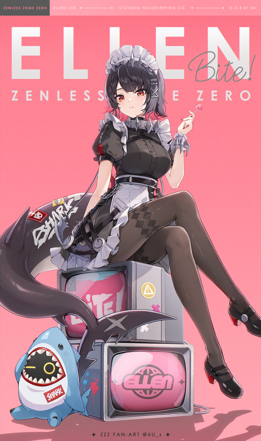 6u (eternal land), ellen joe, sharkboo (zenless zone zero), zenless zone zero, commentary request, highres, 1girl, black hair, black pantyhose, black shoes, breasts, candy, colored inner hair, crossed legs, fins, fish tail, food, frilled wristband, hand up, high heels, holding, holding candy, holding food, holding lollipop, lollipop, looking at viewer, maid, maid headdress, mole, mole under eye, multicolored hair, pantyhose, red eyes, red hair, scar, scar on tail, shark girl, shark tail, shoes, short hair, short sleeves, sitting, tail, two-tone hair