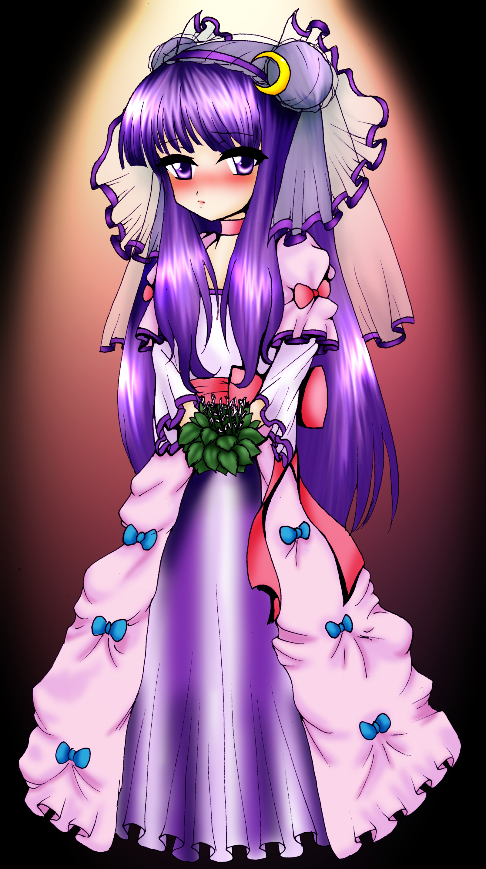 .:suri:., patchouli knowledge, touhou, absurdres, highres, self-upload, 1girl, blush, bride, dress, female focus, full body, gradient background, plant, solo, wedding, wedding dress