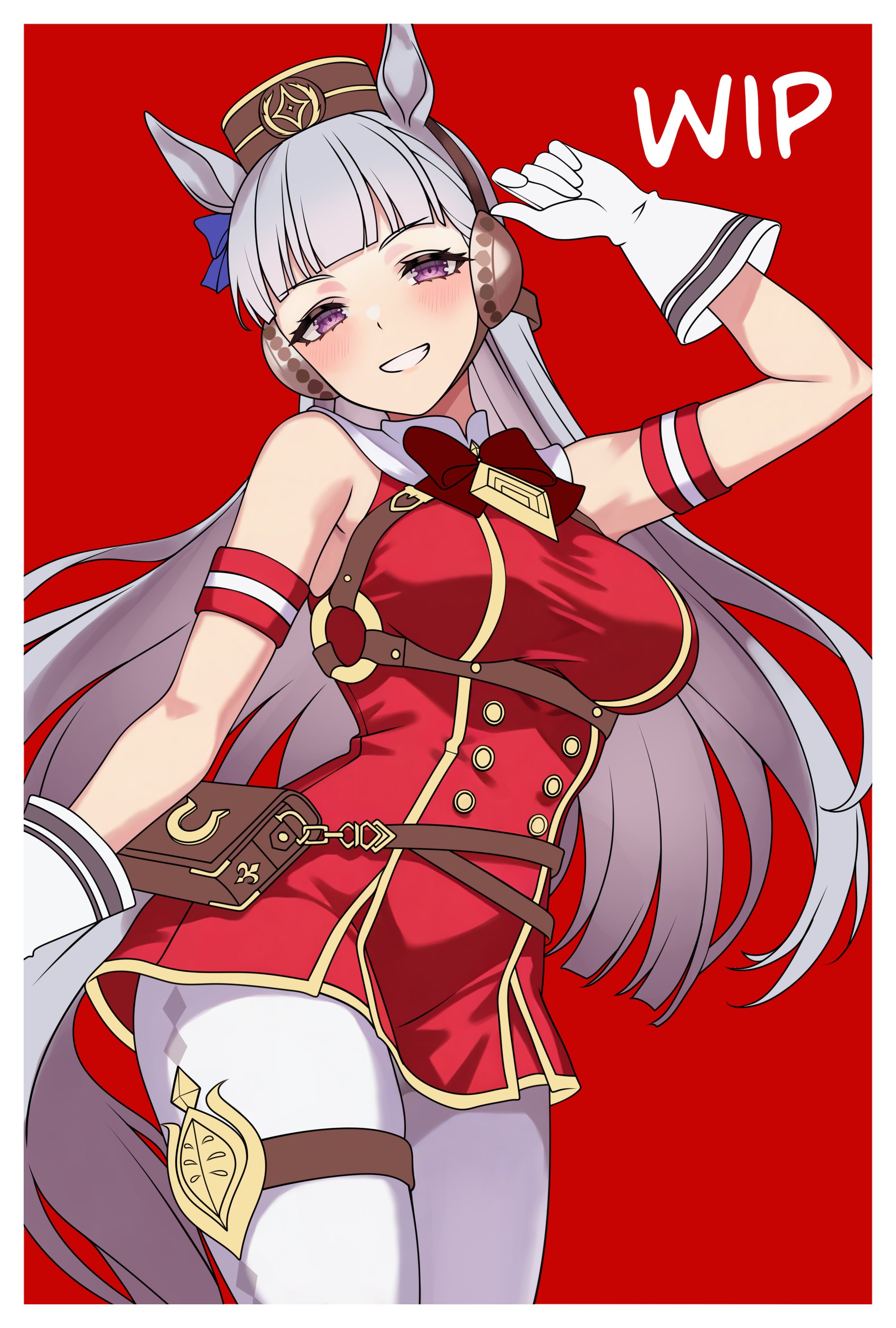 aadka5, gold ship (umamusume), umamusume, absurdres, highres, unfinished, 1girl, animal ears, blush, bow, breasts, dress, feet out of frame, gloves, hat, horse ears, horse girl, horse tail, large breasts, long hair, long sleeves, looking at viewer, pantyhose, purple eyes, red background, red bow, red dress, smile, solo, standing, tail, teeth, white gloves, white hair, white pantyhose