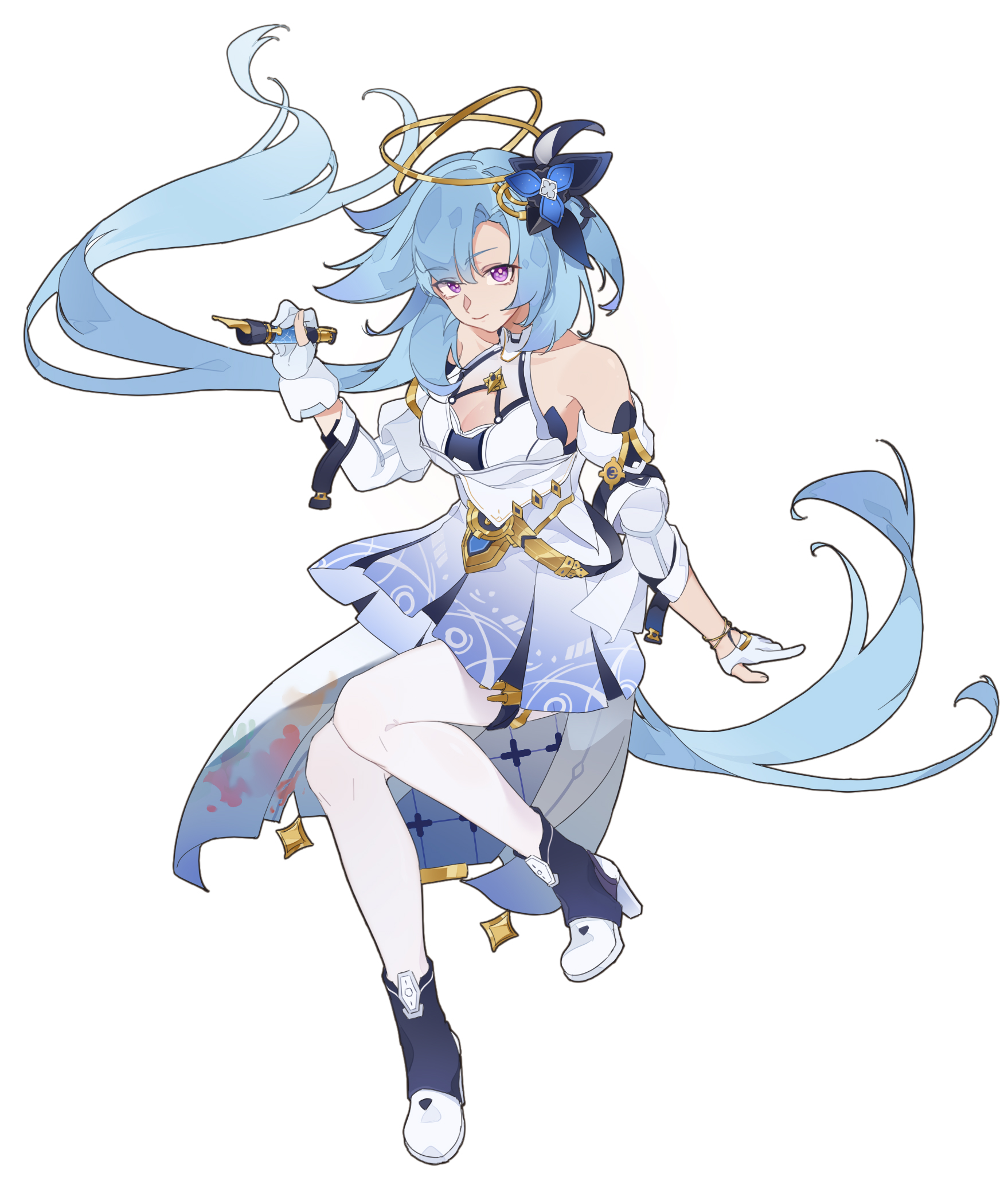mi si lei da ke, griseo, honkai (series), honkai impact 3rd, commentary request, highres, 1girl, black boots, blue dress, blue hair, boots, breasts, cleavage, cleavage cutout, closed mouth, clothing cutout, dress, full body, gloves, gradient clothes, gradient dress, halo, high heel boots, high heels, long hair, long sleeves, looking at viewer, medium breasts, pantyhose, partially fingerless gloves, pleated dress, purple eyes, simple background, smile, solo, very long hair, white background, white dress, white gloves, white pantyhose