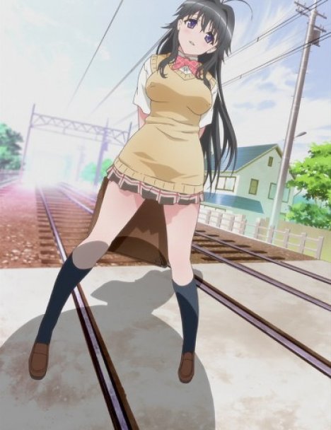 takami akio, minamoto chizuru, kanokon, brown footwear, 00s, 1girl, arms behind back, bag, black hair, black socks, bow, bowtie, breasts, brown bag, building, collared shirt, covered erect nipples, day, dress shirt, female focus, head tilt, kneehighs, legs apart, looking at viewer, medium breasts, miniskirt, outdoors, parted lips, pink bow, pink bowtie, plaid clothes, plaid skirt, school uniform, shirt, short sleeves, skirt, sky, sleeveless, sleeveless sweater, smile, socks, solo, standing, sweater, tree, vest, white shirt