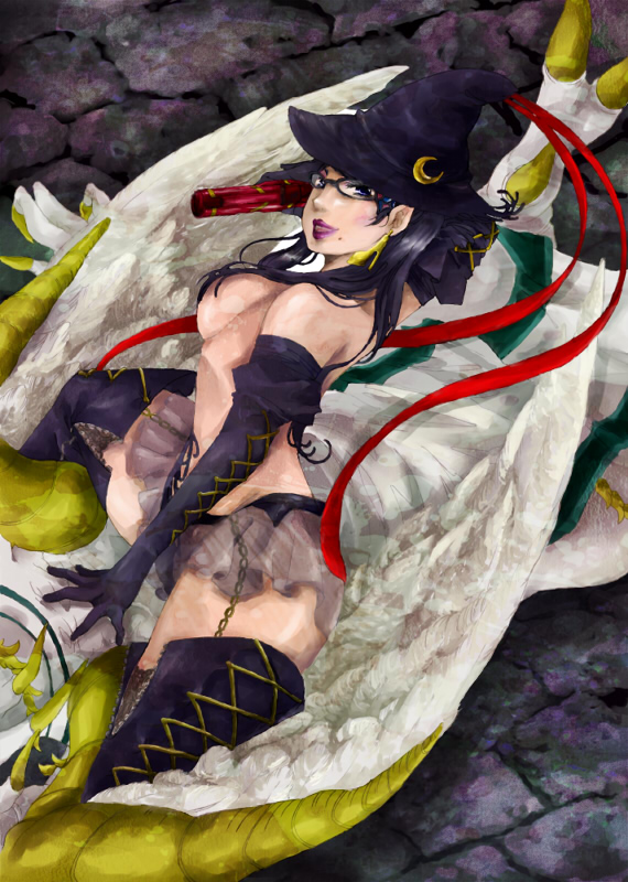 cocohore, bayonetta, bayonetta (series), 1girl, bare shoulders, black hair, breasts, elbow gloves, female focus, glasses, gloves, gun, hat, long hair, miniskirt, mole, red ribbon, ribbon, skirt, solo, thighhighs, very long hair, weapon, witch hat