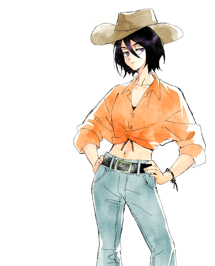 yshjsw, kuchiki rukia, bleach, commentary, english commentary, painting (medium), traditional media, watercolor (medium), 1girl, belt, black hair, buckle, cowgirl (western), denim, hair between eyes, hat, jeans, midriff, navel, pants, purple eyes, shirt, solo, white background