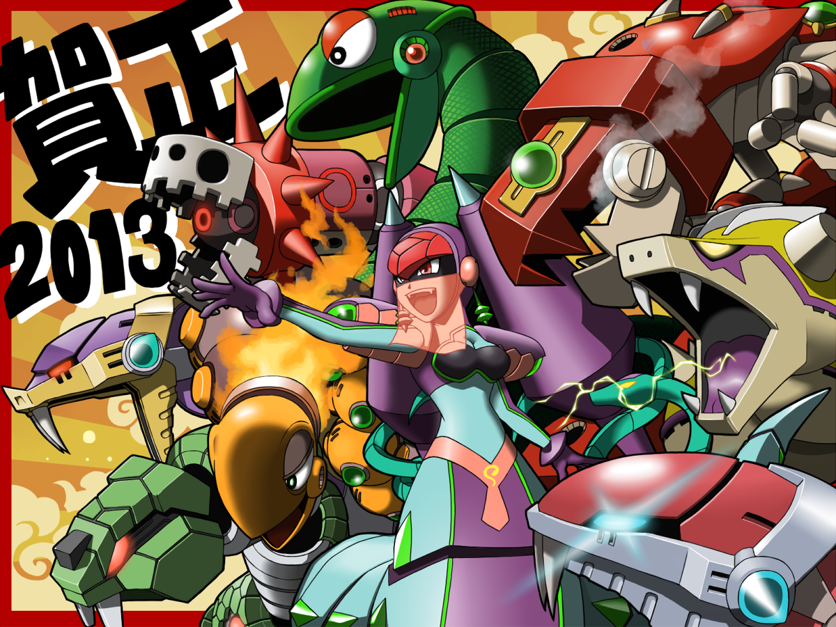 napo, luna platz (mega man), queen ophiuca (mega man), mega man (classic), mega man (series), mega man battle network (series), mega man star force (series), mega man x (series), mega man zero (series), mega man zero 2, mega man zx, commentary request, 1girl, 2013, blue eyes, chinese zodiac, fangs, fire, gloves, glowing, glowing eyes, helmet, lamia, midriff, monster girl, mouth veil, purple gloves, red eyes, robot, snake, veil, year of the snake, yellow eyes