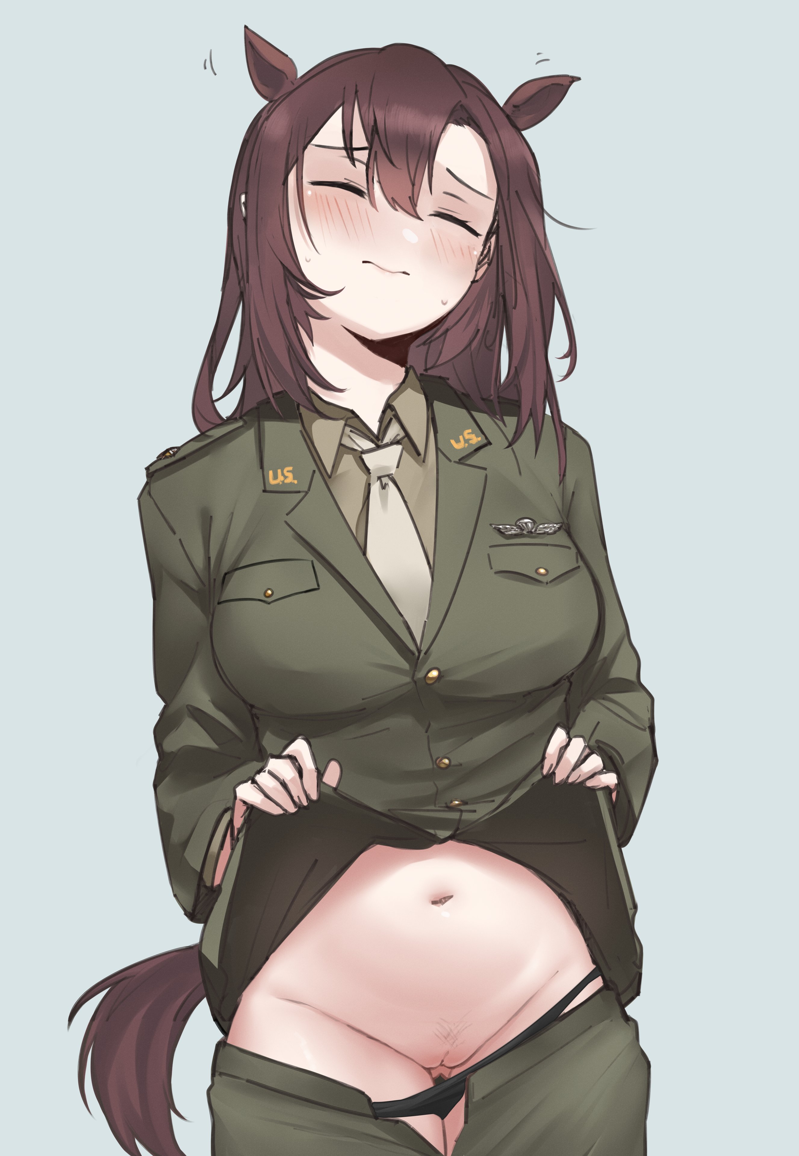 m1saki 1, grace maitland steward, luminous witches, world witches series, absurdres, commentary, english commentary, highres, 1girl, animal ears, blush, breasts, brown eyes, brown hair, cleft of venus, closed eyes, embarrassed, feet out of frame, green jacket, green shirt, green skirt, horse ears, horse girl, horse tail, jacket, large breasts, long hair, military, military uniform, navel, necktie, no panties, open mouth, pussy, shirt, simple background, skirt, solo, standing, tail, underwear