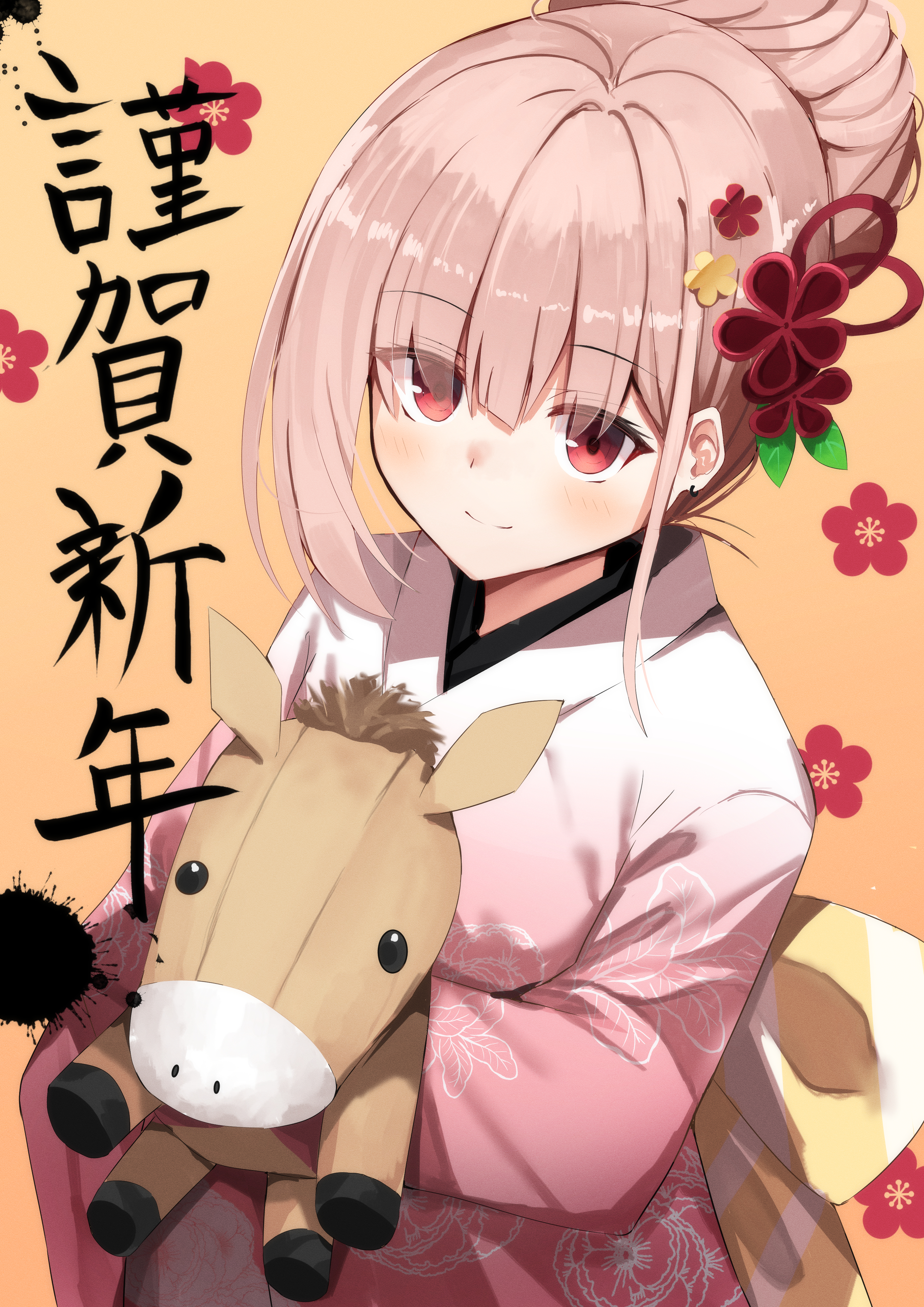 nodoameyatou, original, absurdres, commentary request, highres, 1girl, blunt bangs, blush, chinese zodiac, closed mouth, cowboy shot, dutch angle, eyelashes, eyes visible through hair, floral print, floral print kimono, flower, hair between eyes, hair bun, hair flower, hair ornament, hair ribbon, happy new year, holding, holding stuffed toy, japanese clothes, kanzashi, kimono, leaf hair ornament, long sleeves, looking at viewer, medium hair, new year, orange background, pink hair, pink kimono, print kimono, red eyes, red ribbon, ribbon, sidelocks, simple background, single hair bun, smile, solo, stuffed animal, stuffed horse, stuffed toy, upturned eyes, wide sleeves, year of the horse
