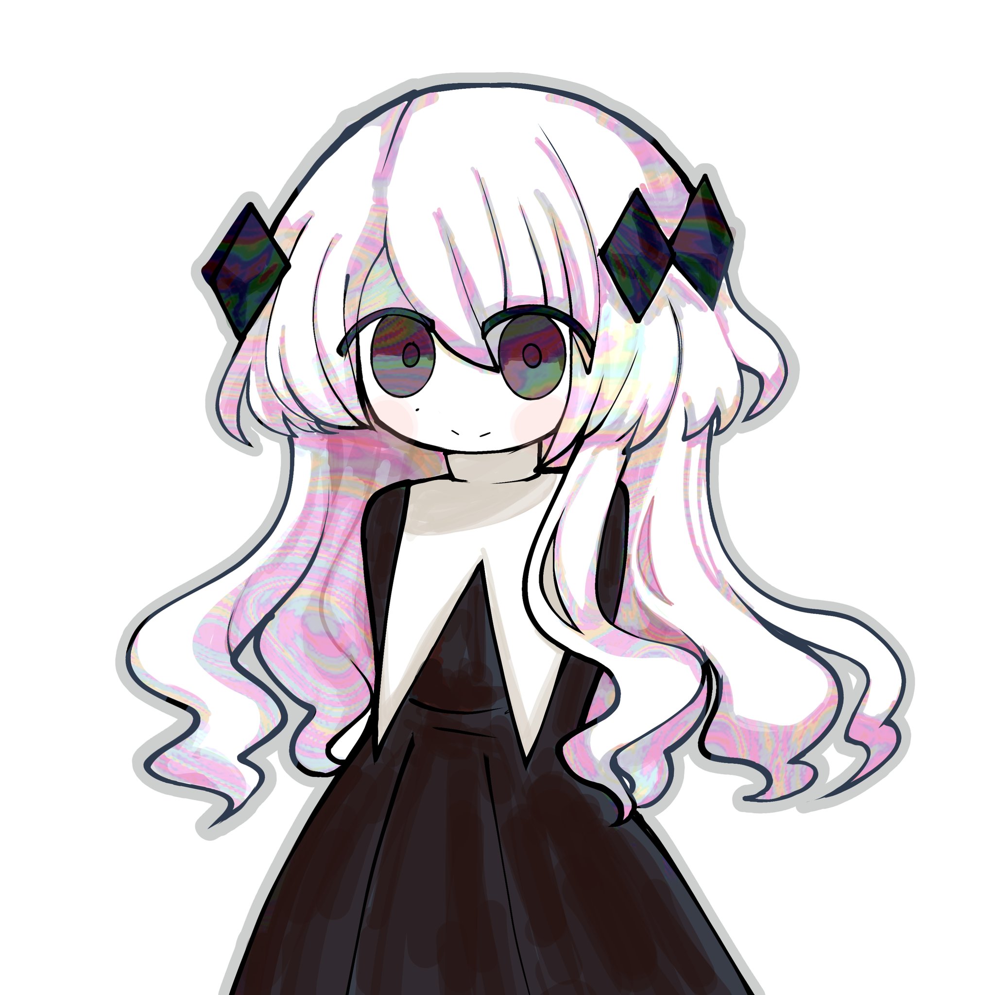 sam (sillylinariafan), silhouette (funamusea), funamusea, haiiro teien, highres, 1girl, arms behind back, black dress, closed mouth, colored skin, crystal hair ornament, dot nose, dress, light blush, long hair, looking at viewer, petite, simple background, smile, solo, white background, white hair, white skin